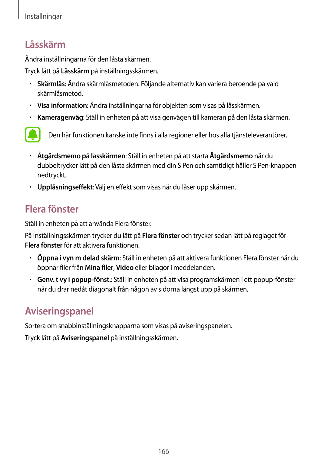 Samsung SM-N915FZWYNEE, SM-N915FZKYNEE manual Låsskärm, Flera fönster, Aviseringspanel 