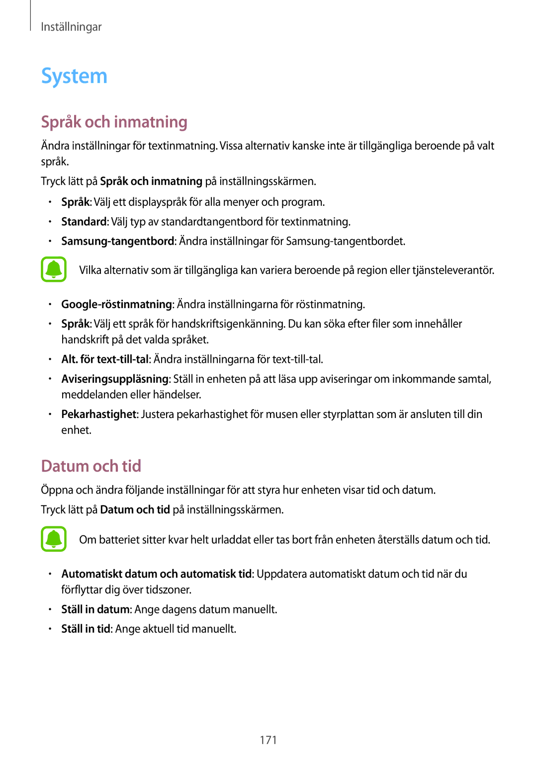 Samsung SM-N915FZKYNEE, SM-N915FZWYNEE manual System, Språk och inmatning, Datum och tid 