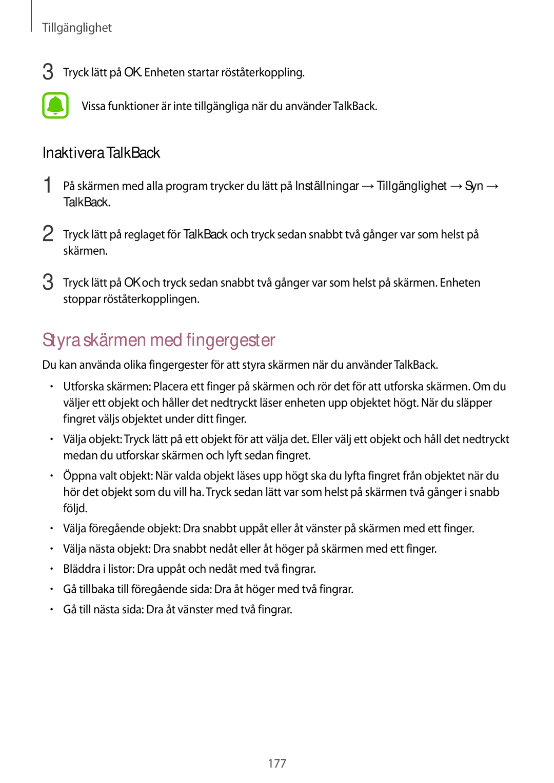 Samsung SM-N915FZKYNEE, SM-N915FZWYNEE Styra skärmen med fingergester, Inaktivera TalkBack, Stoppar röståterkopplingen 