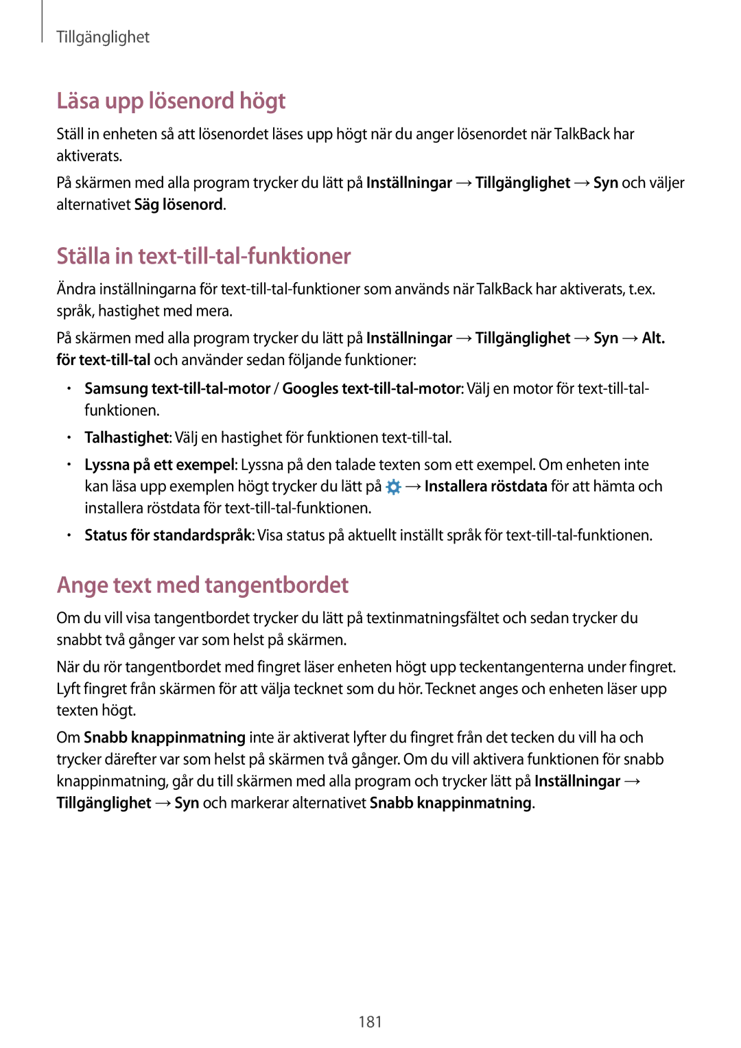 Samsung SM-N915FZKYNEE manual Läsa upp lösenord högt, Ställa in text-till-tal-funktioner, Ange text med tangentbordet 