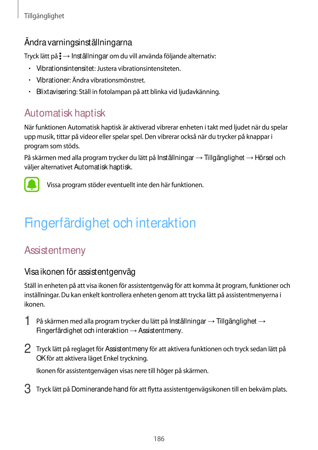 Samsung SM-N915FZWYNEE Fingerfärdighet och interaktion, Automatisk haptisk, Assistentmeny, Ändra varningsinställningarna 