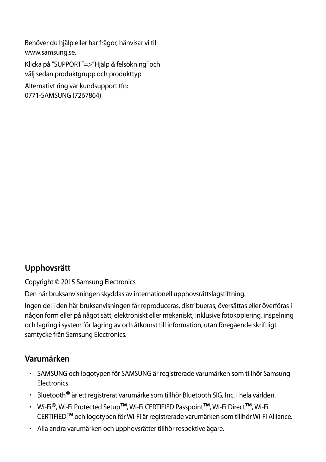 Samsung SM-N915FZWYNEE, SM-N915FZKYNEE manual Upphovsrätt, Varumärken, Alternativt ring vår kundsupport tfn Samsung 