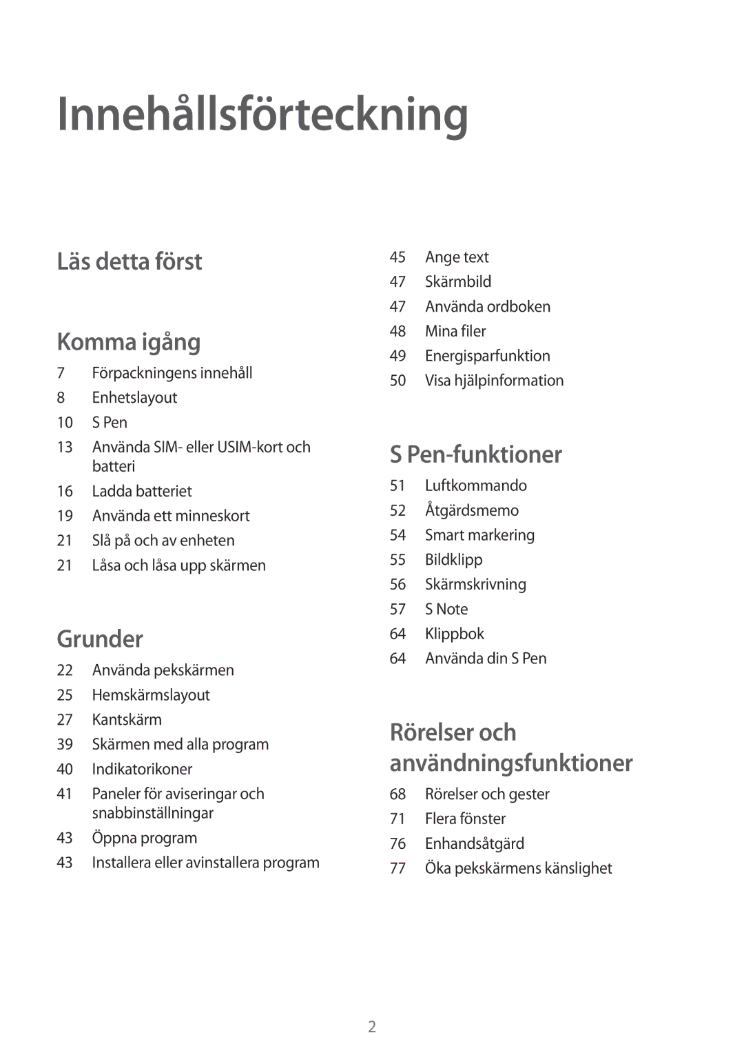 Samsung SM-N915FZWYNEE, SM-N915FZKYNEE manual Innehållsförteckning, Läs detta först Komma igång 