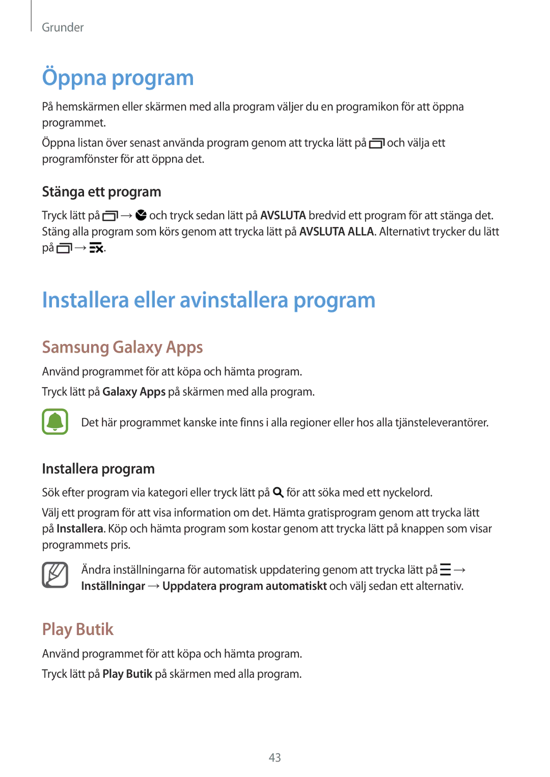 Samsung SM-N915FZKYNEE manual Öppna program, Installera eller avinstallera program, Samsung Galaxy Apps, Play Butik 
