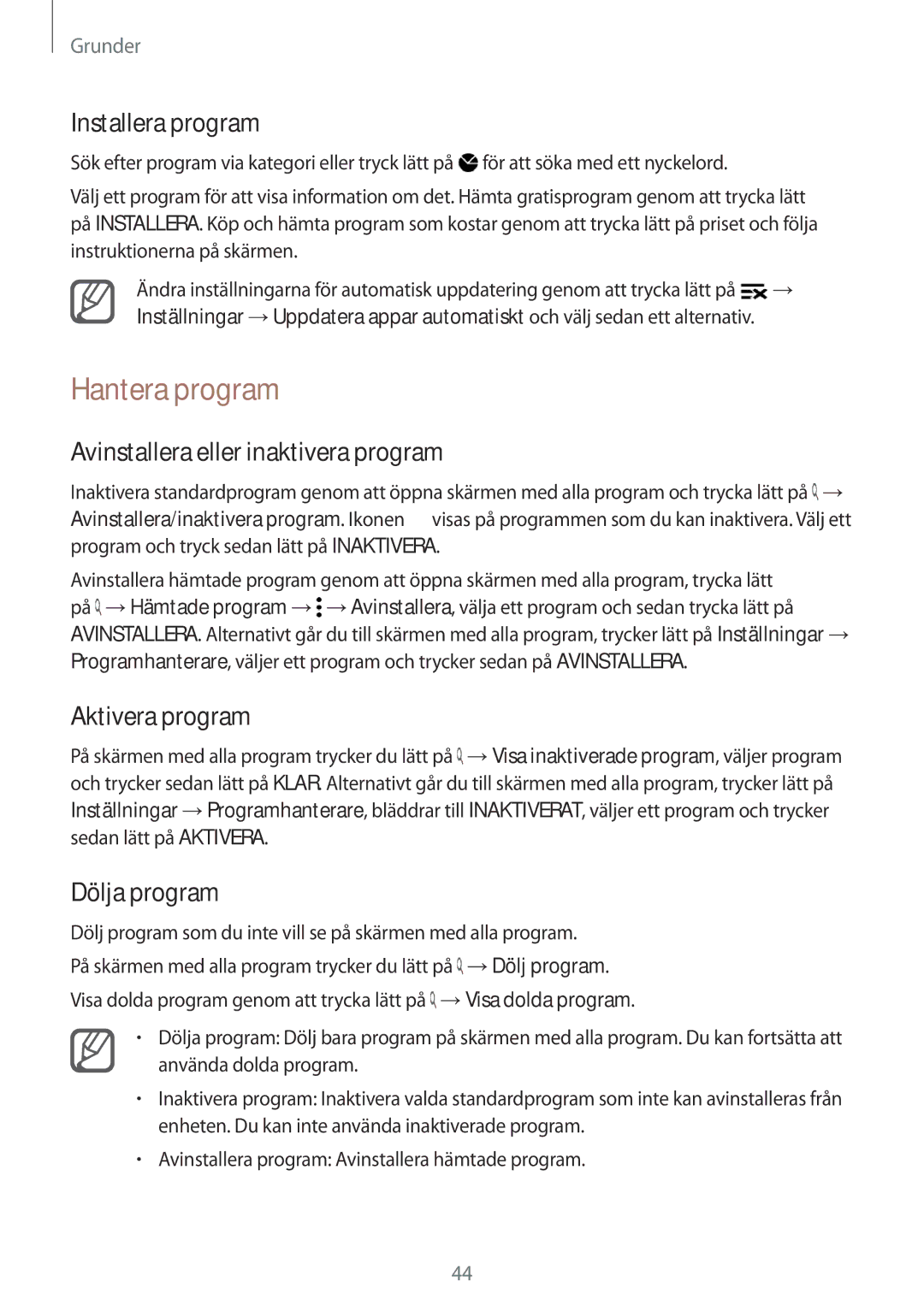 Samsung SM-N915FZWYNEE manual Hantera program, Avinstallera eller inaktivera program, Aktivera program, Dölja program 
