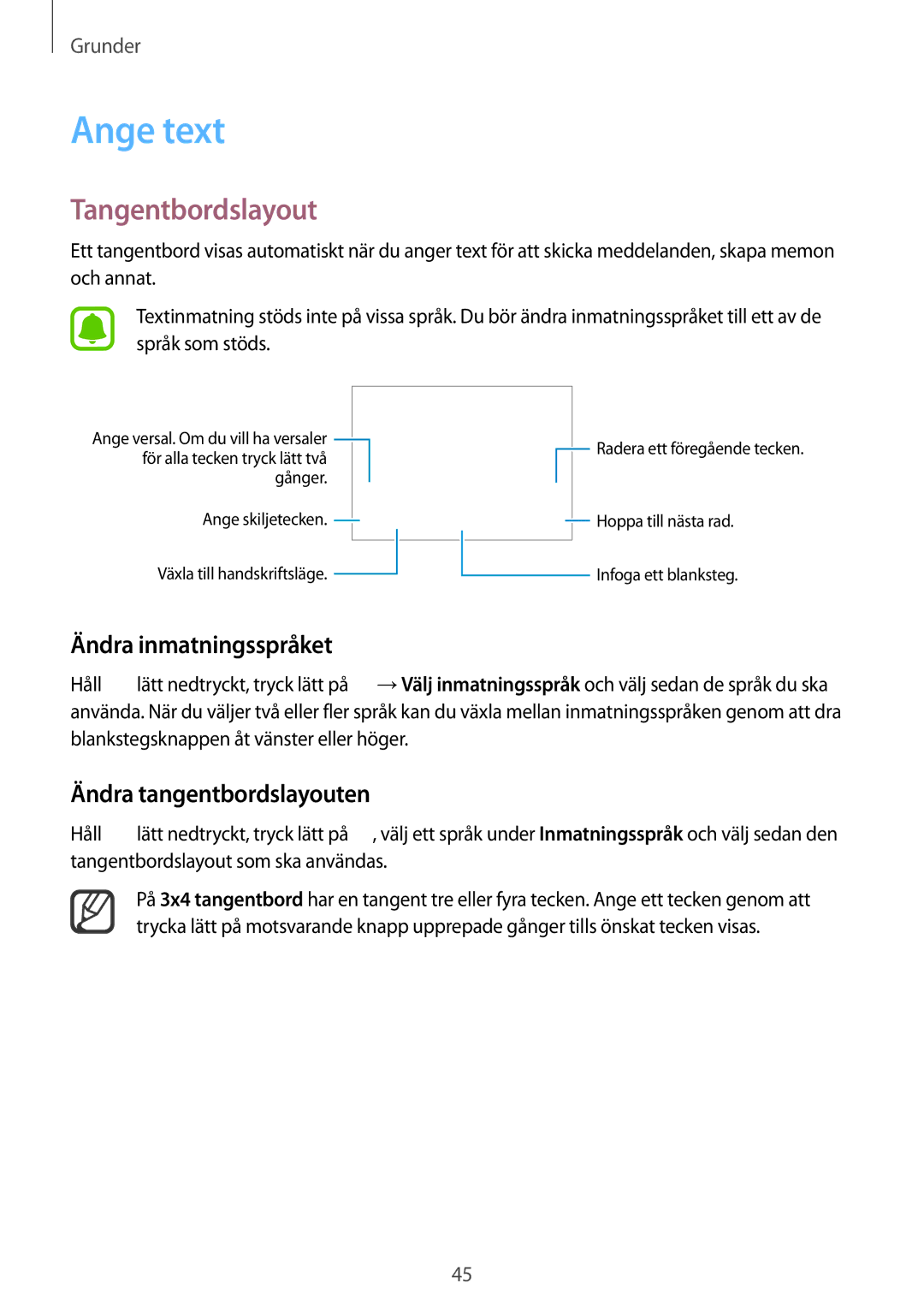 Samsung SM-N915FZKYNEE, SM-N915FZWYNEE Ange text, Tangentbordslayout, Ändra inmatningsspråket, Ändra tangentbordslayouten 