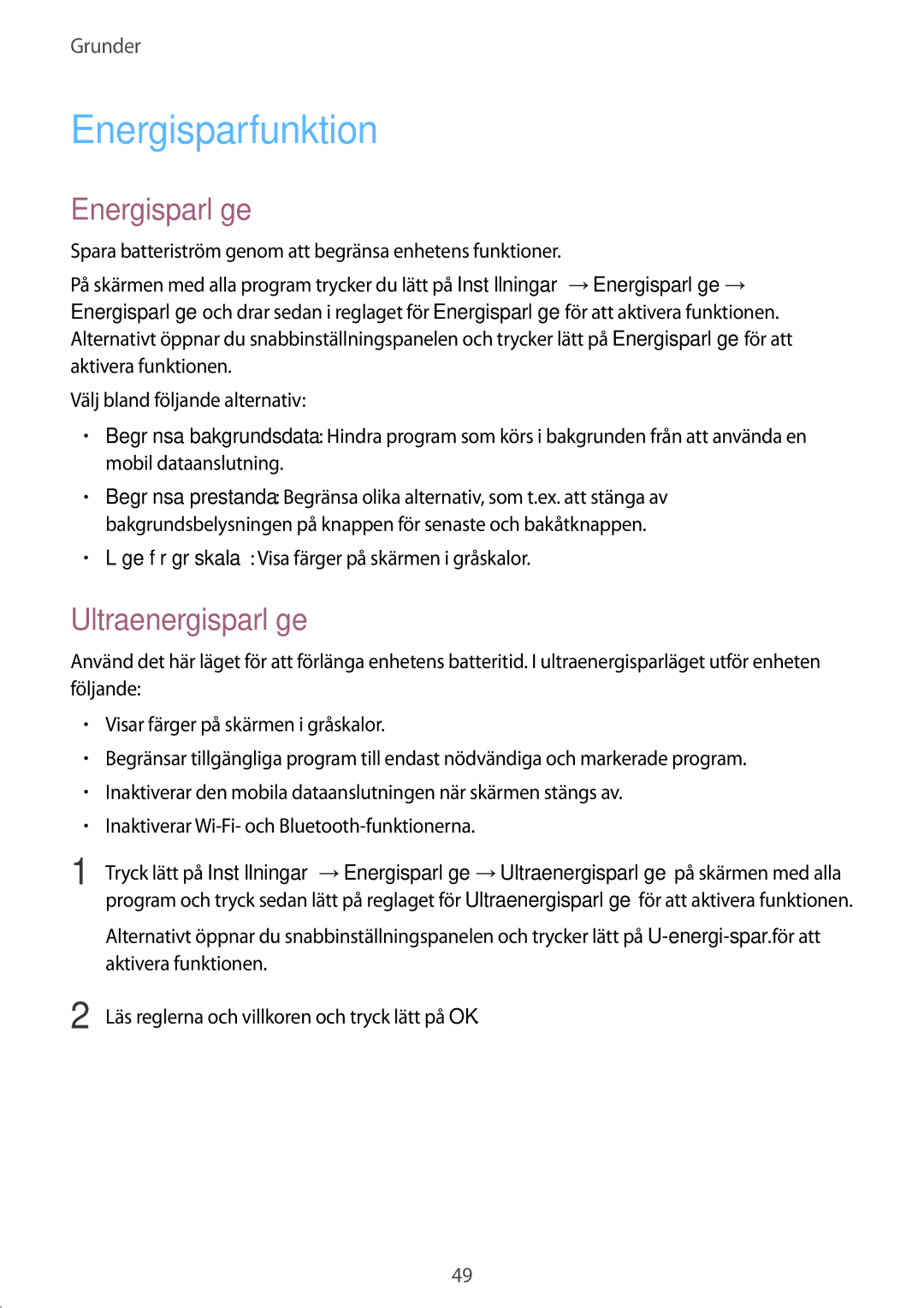 Samsung SM-N915FZKYNEE, SM-N915FZWYNEE manual Energisparfunktion, Energisparläge, Ultraenergisparläge 
