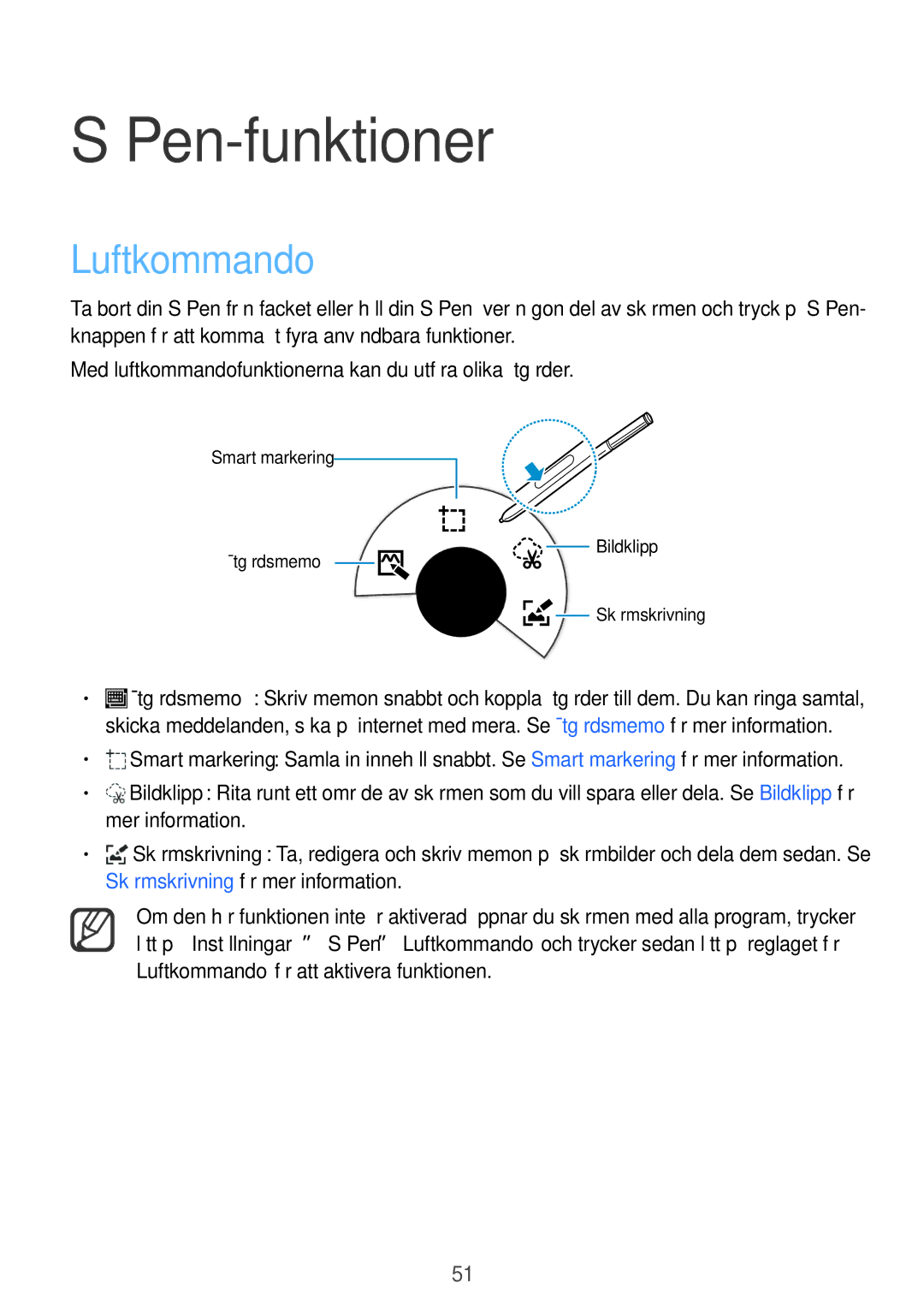 Samsung SM-N915FZKYNEE, SM-N915FZWYNEE manual Pen-funktioner, Luftkommando 