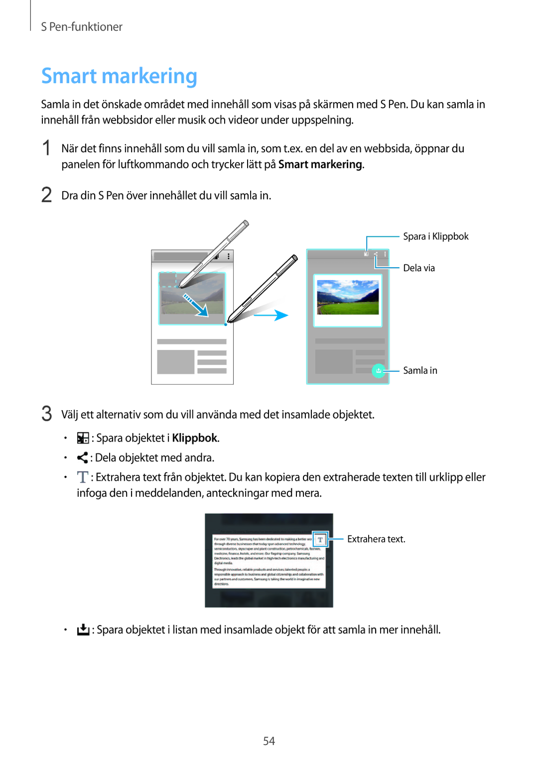 Samsung SM-N915FZWYNEE, SM-N915FZKYNEE manual Smart markering, Dra din S Pen över innehållet du vill samla 