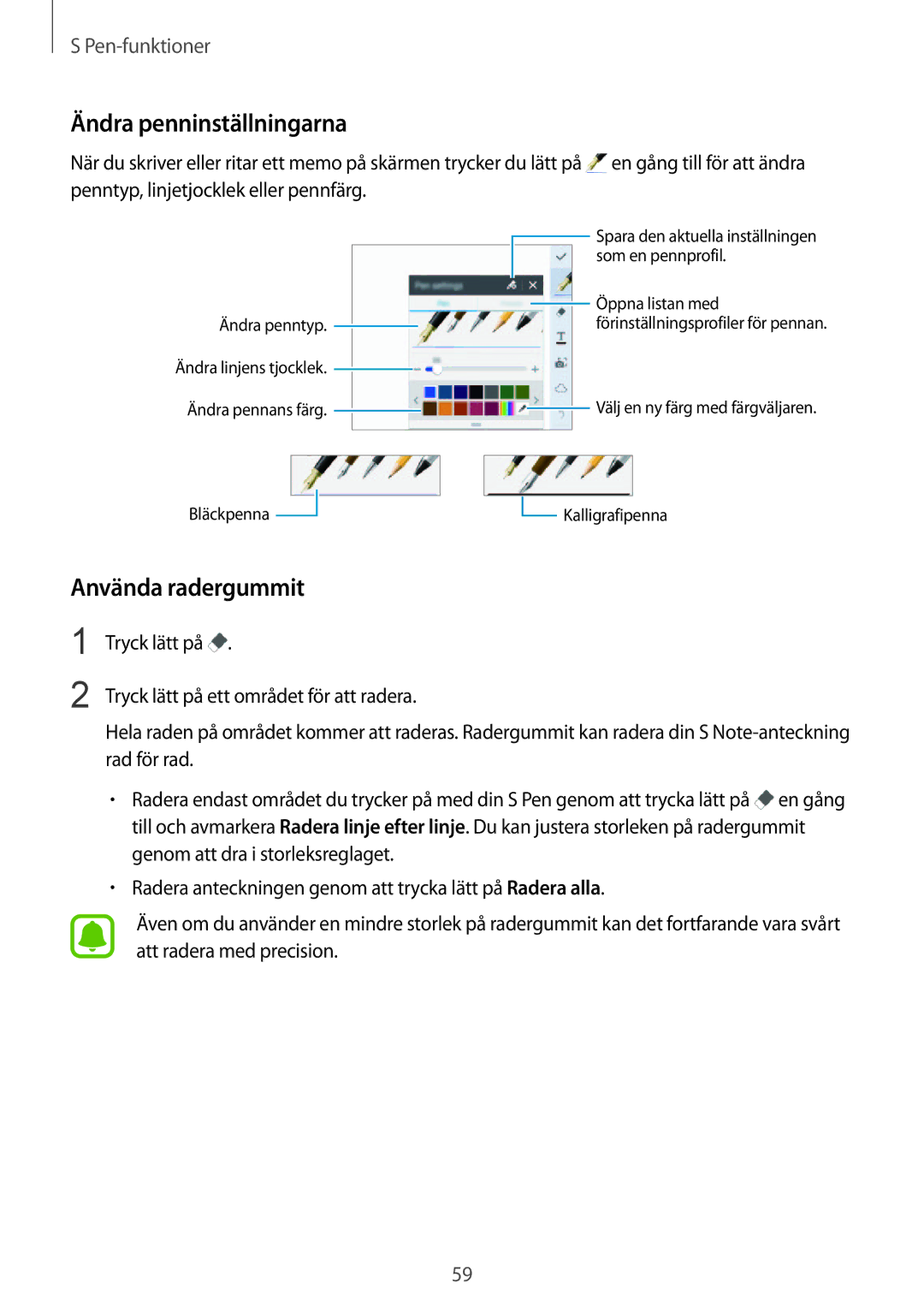 Samsung SM-N915FZKYNEE manual Ändra penninställningarna, Använda radergummit, Penntyp, linjetjocklek eller pennfärg 