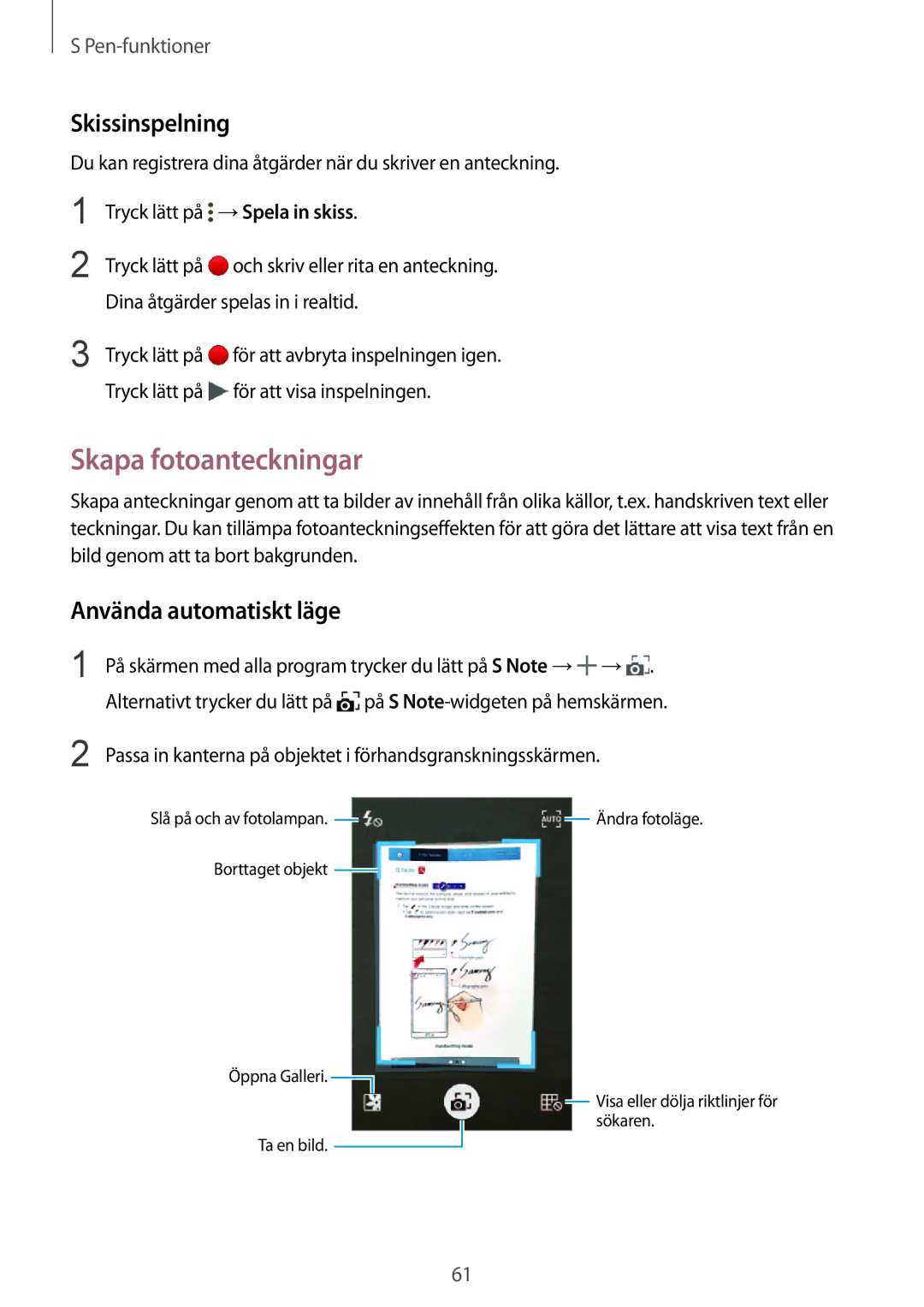 Samsung SM-N915FZKYNEE, SM-N915FZWYNEE manual Skapa fotoanteckningar, Skissinspelning, Använda automatiskt läge 