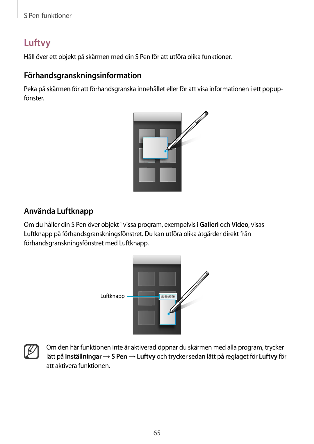 Samsung SM-N915FZKYNEE, SM-N915FZWYNEE manual Luftvy, Förhandsgranskningsinformation, Använda Luftknapp 