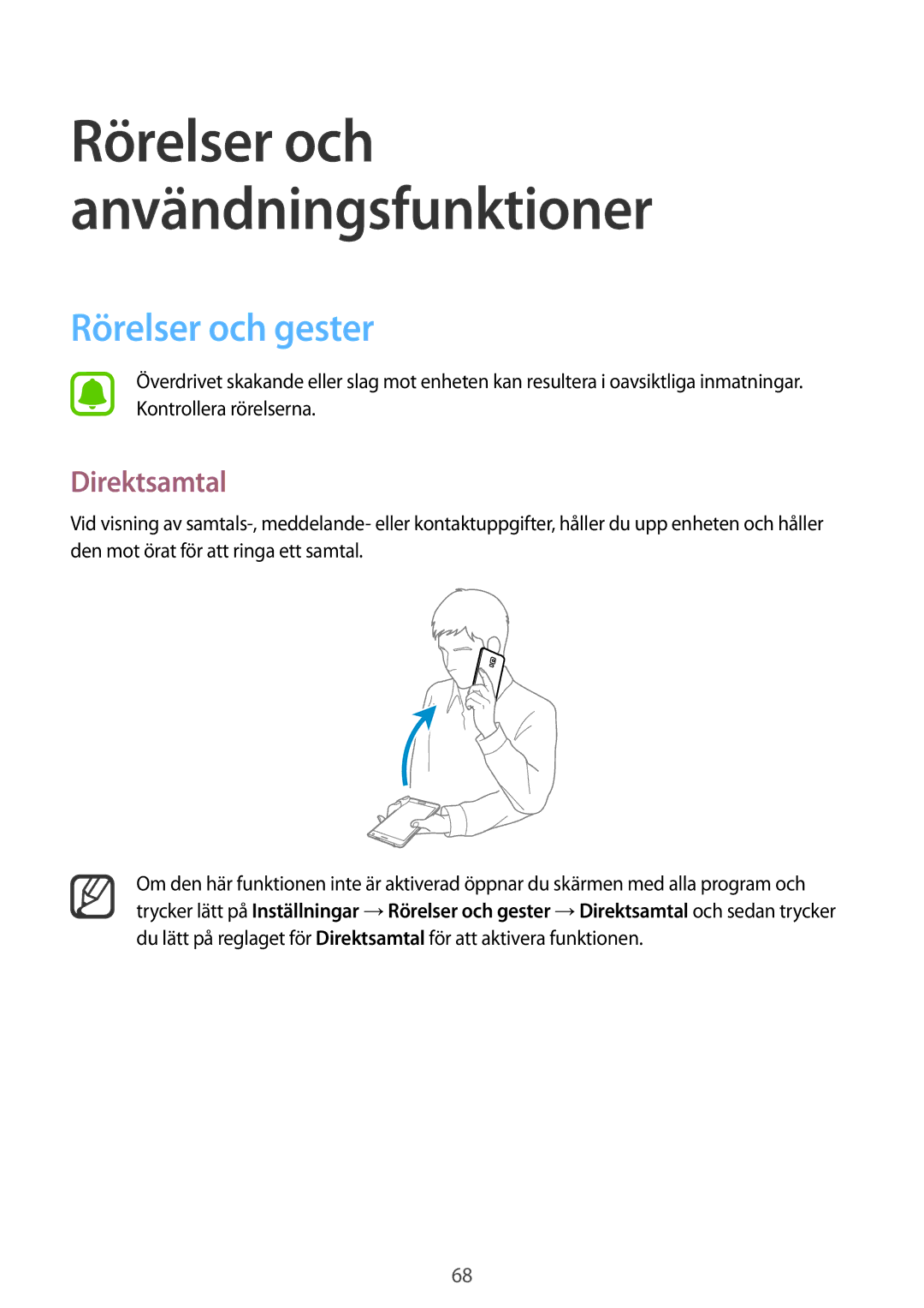 Samsung SM-N915FZWYNEE, SM-N915FZKYNEE manual Rörelser och gester, Direktsamtal 