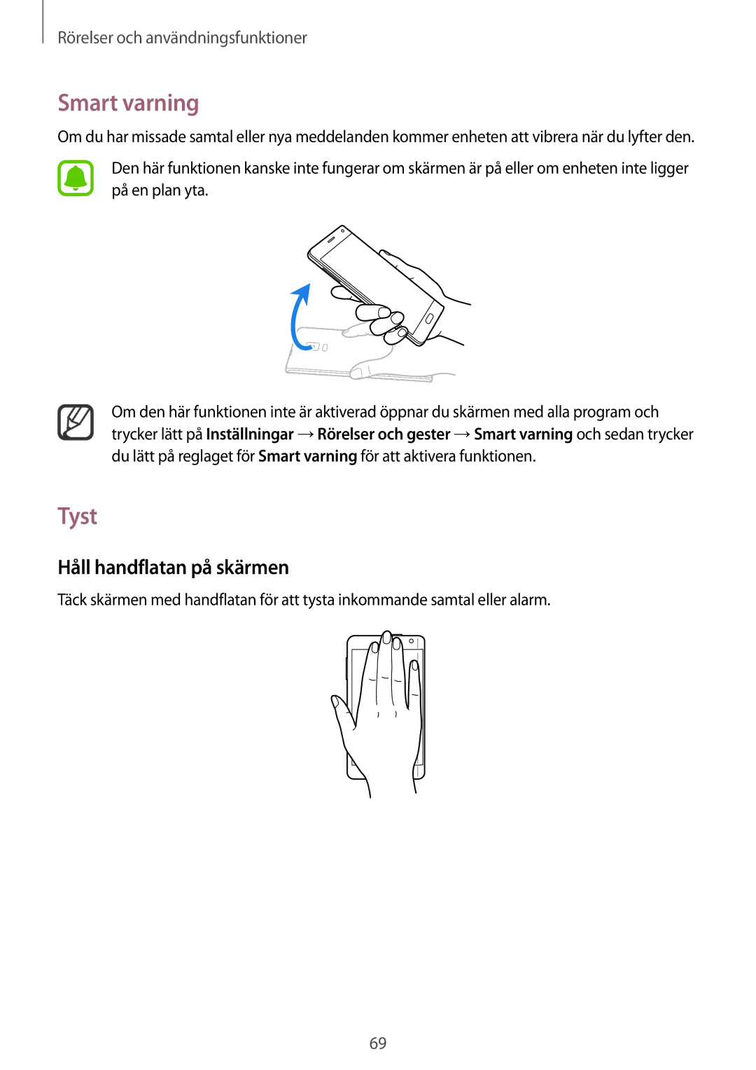 Samsung SM-N915FZKYNEE, SM-N915FZWYNEE manual Smart varning, Tyst, Håll handflatan på skärmen 