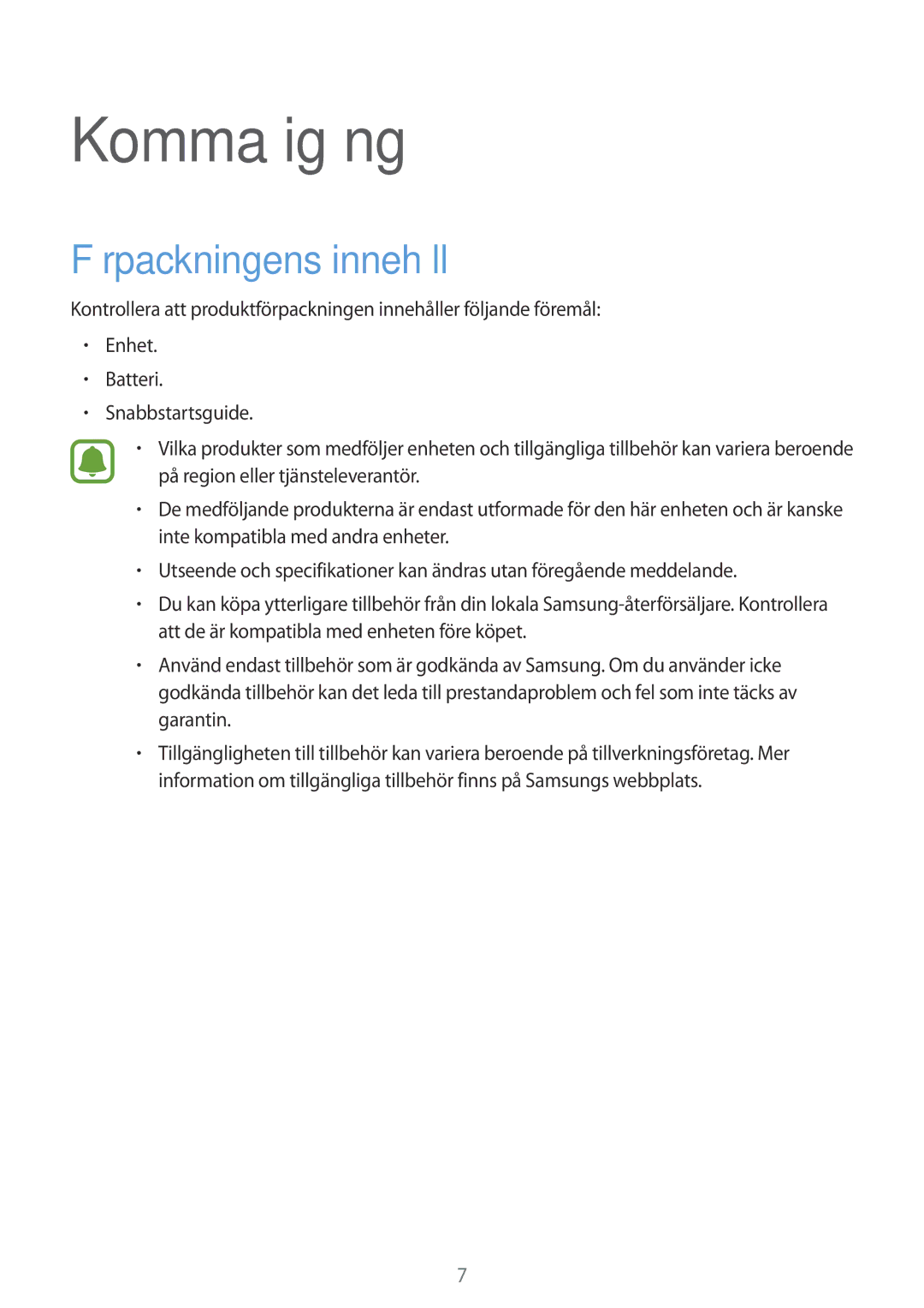 Samsung SM-N915FZKYNEE, SM-N915FZWYNEE manual Komma igång, Förpackningens innehåll 