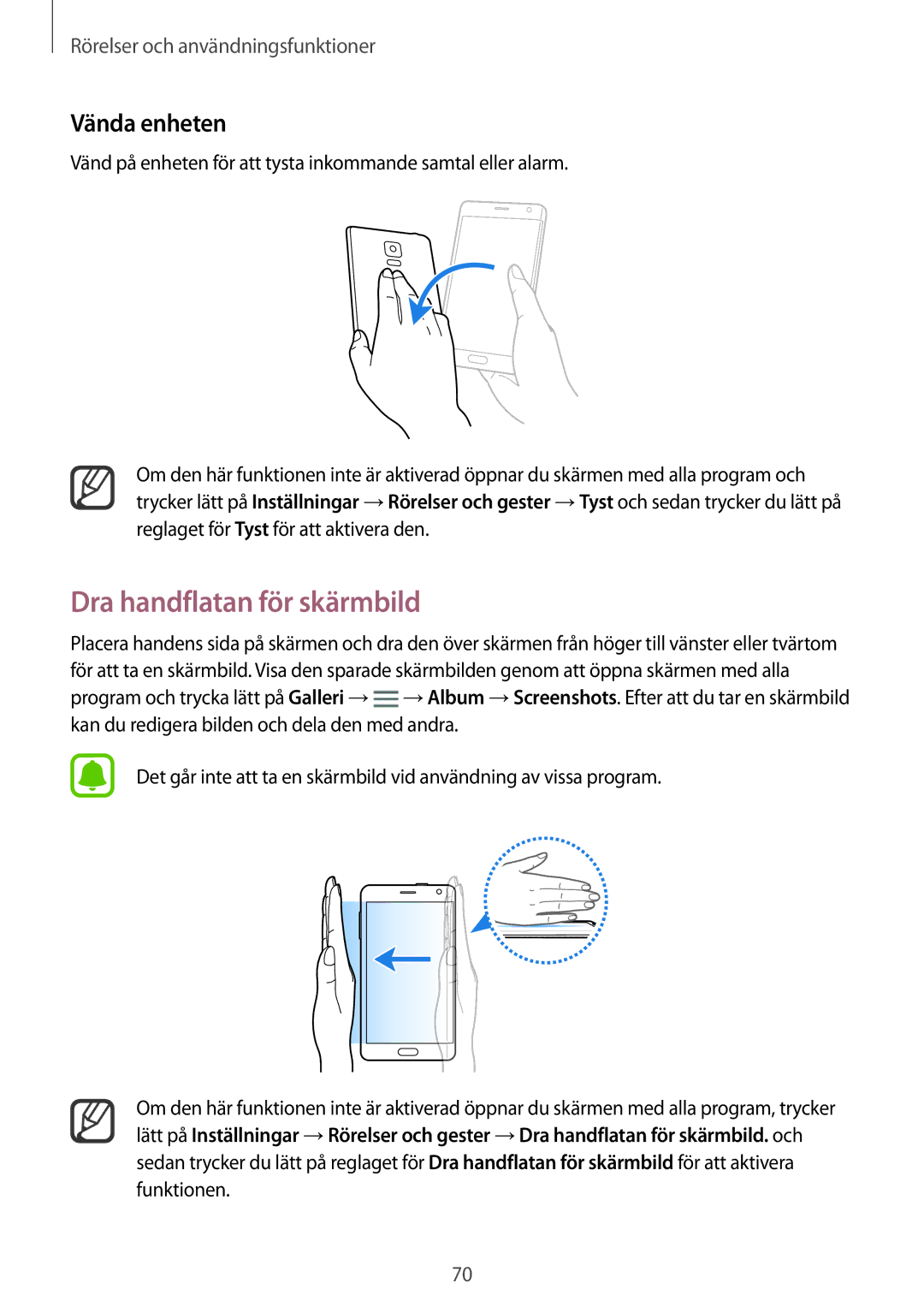 Samsung SM-N915FZWYNEE, SM-N915FZKYNEE manual Dra handflatan för skärmbild, Vända enheten 