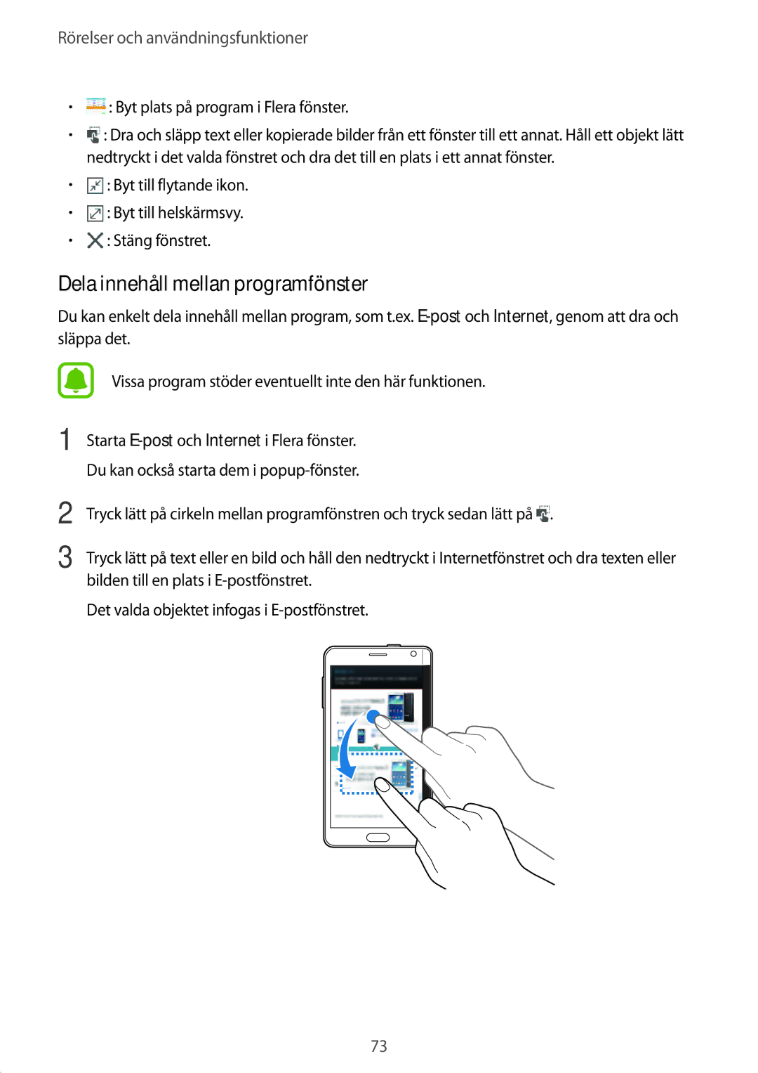 Samsung SM-N915FZKYNEE, SM-N915FZWYNEE manual Dela innehåll mellan programfönster, Byt plats på program i Flera fönster 