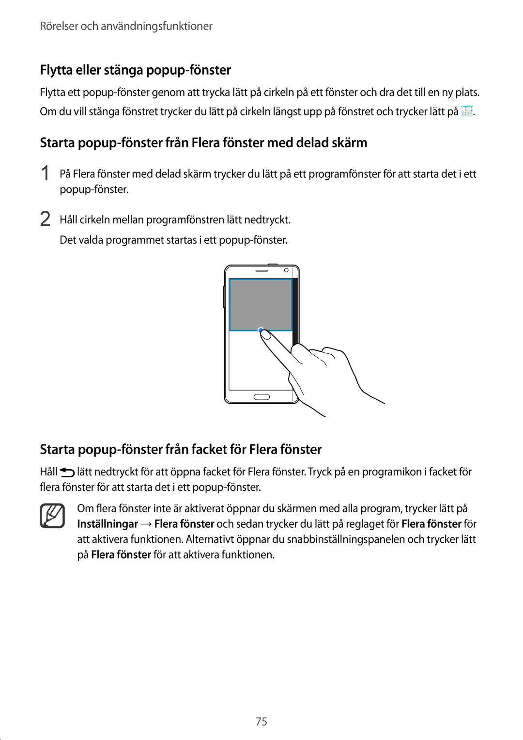 Samsung SM-N915FZKYNEE manual Flytta eller stänga popup-fönster, Starta popup-fönster från Flera fönster med delad skärm 