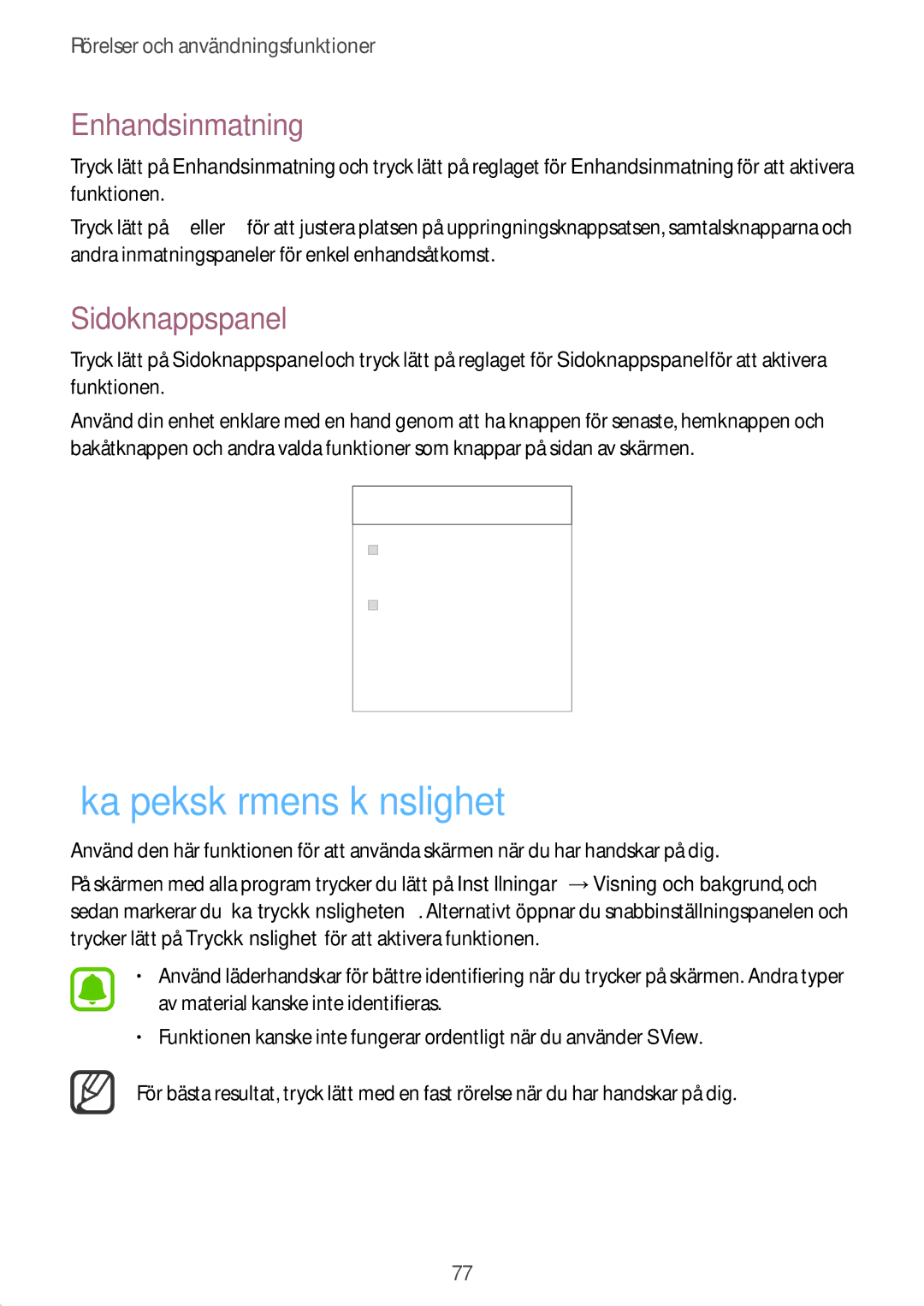 Samsung SM-N915FZKYNEE, SM-N915FZWYNEE manual Öka pekskärmens känslighet, Enhandsinmatning, Sidoknappspanel 