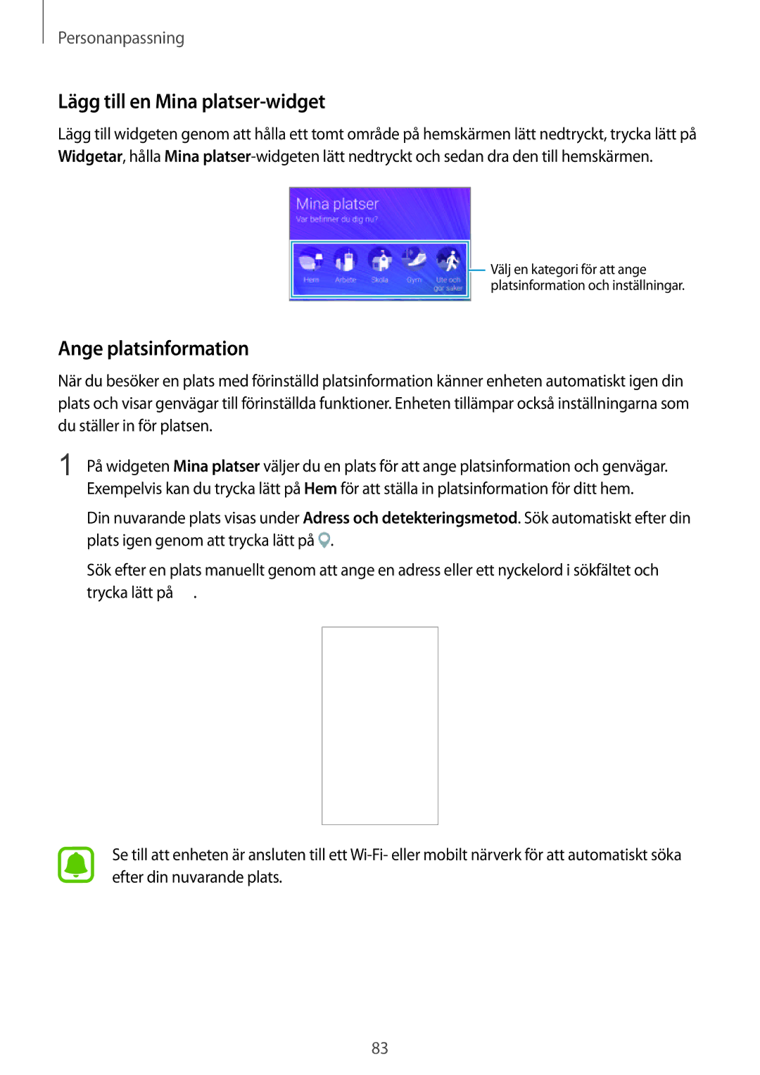 Samsung SM-N915FZKYNEE, SM-N915FZWYNEE manual Lägg till en Mina platser-widget, Ange platsinformation 