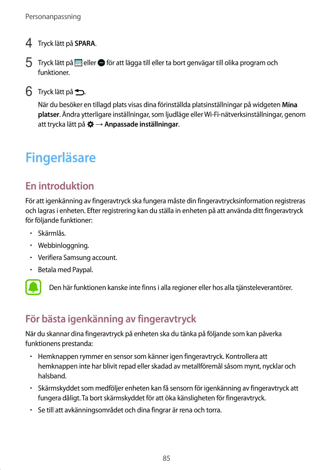 Samsung SM-N915FZKYNEE, SM-N915FZWYNEE manual Fingerläsare, För bästa igenkänning av fingeravtryck 