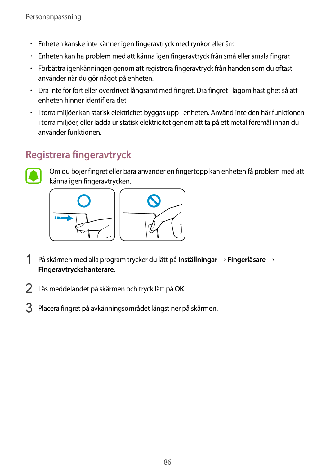 Samsung SM-N915FZWYNEE, SM-N915FZKYNEE manual Registrera fingeravtryck 