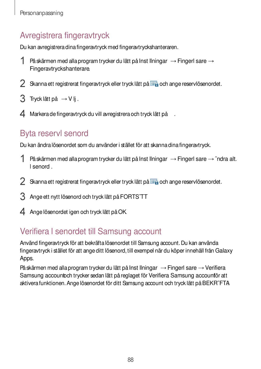 Samsung SM-N915FZWYNEE manual Avregistrera fingeravtryck, Byta reservlösenord, Verifiera lösenordet till Samsung account 