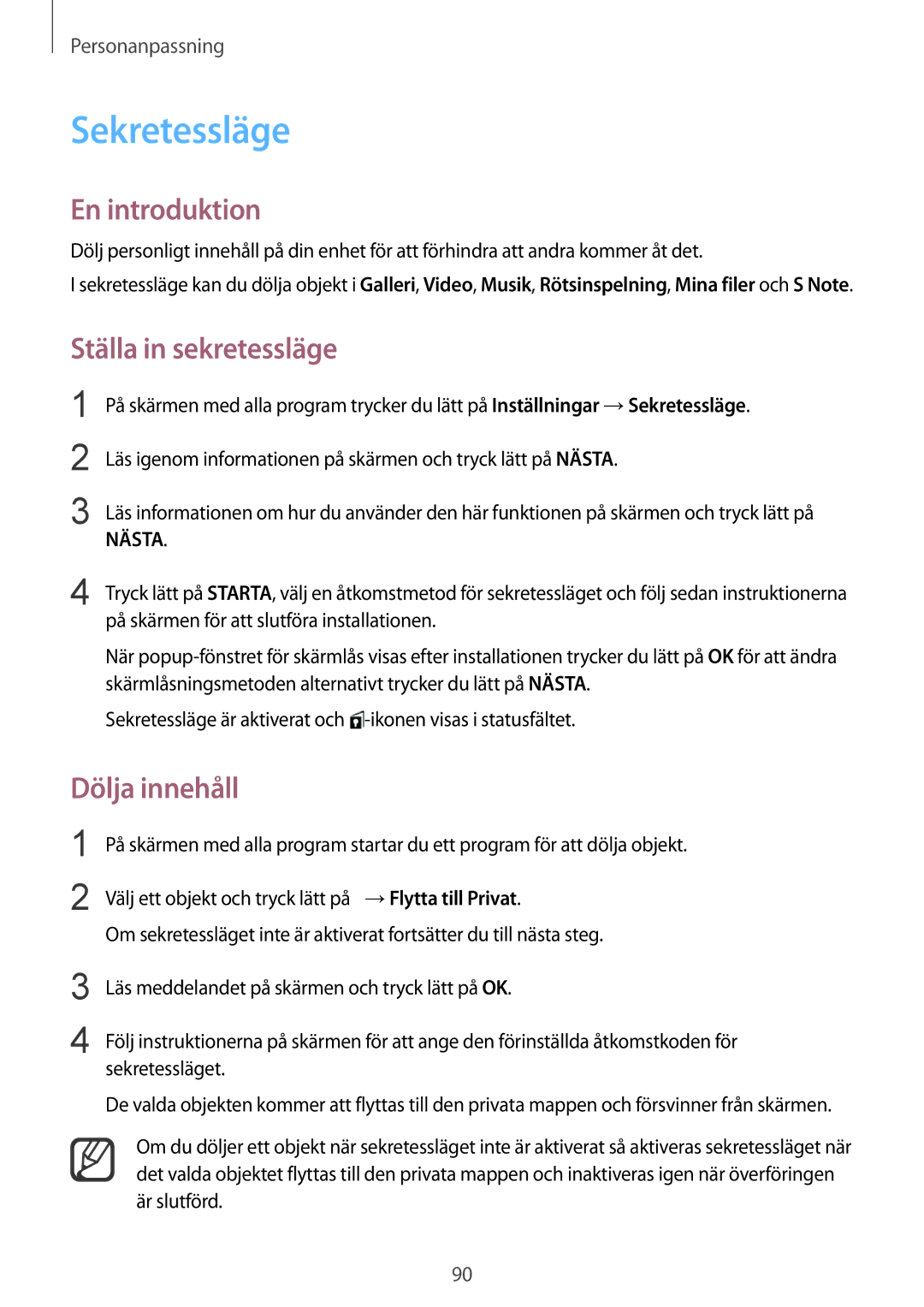 Samsung SM-N915FZWYNEE, SM-N915FZKYNEE manual Sekretessläge, Ställa in sekretessläge, Dölja innehåll 