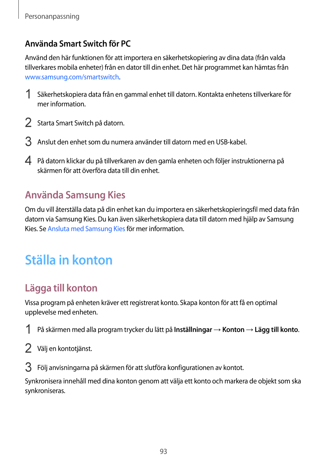 Samsung SM-N915FZKYNEE manual Ställa in konton, Använda Samsung Kies, Lägga till konton, Använda Smart Switch för PC 