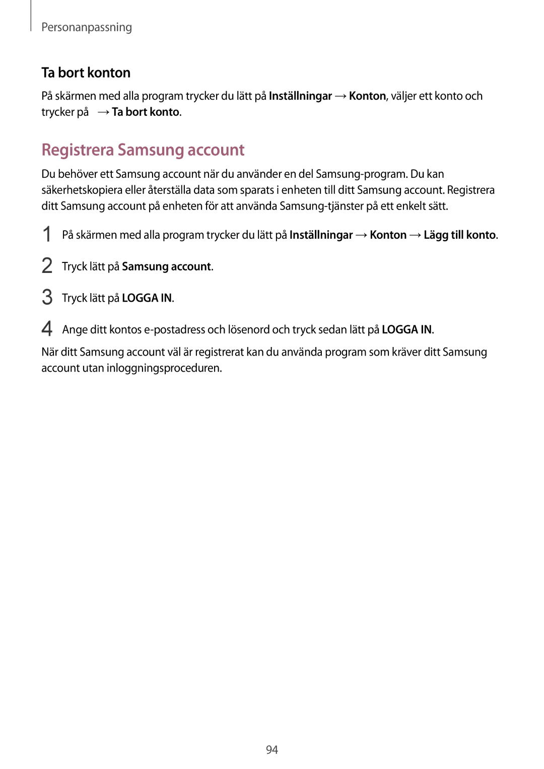 Samsung SM-N915FZWYNEE, SM-N915FZKYNEE manual Registrera Samsung account, Ta bort konton 