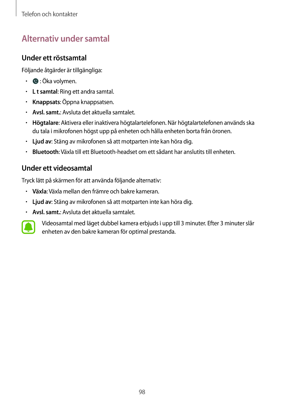 Samsung SM-N915FZWYNEE, SM-N915FZKYNEE manual Alternativ under samtal, Under ett röstsamtal, Under ett videosamtal 