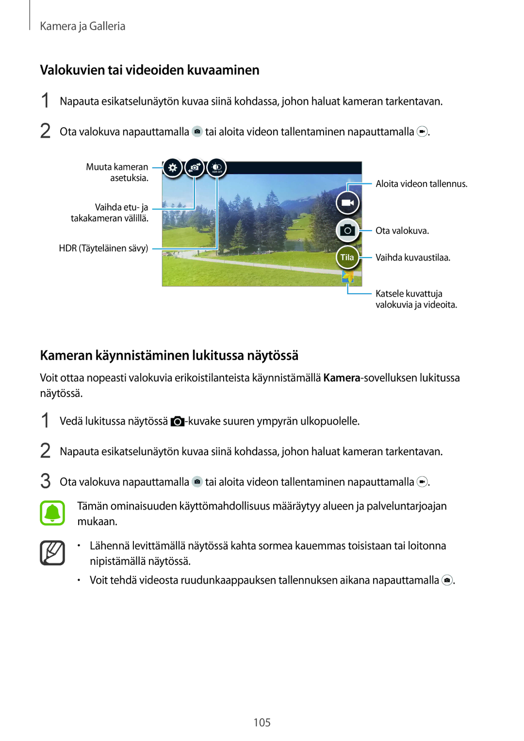 Samsung SM-N915FZKYNEE, SM-N915FZWYNEE manual Valokuvien tai videoiden kuvaaminen, Kameran käynnistäminen lukitussa näytössä 