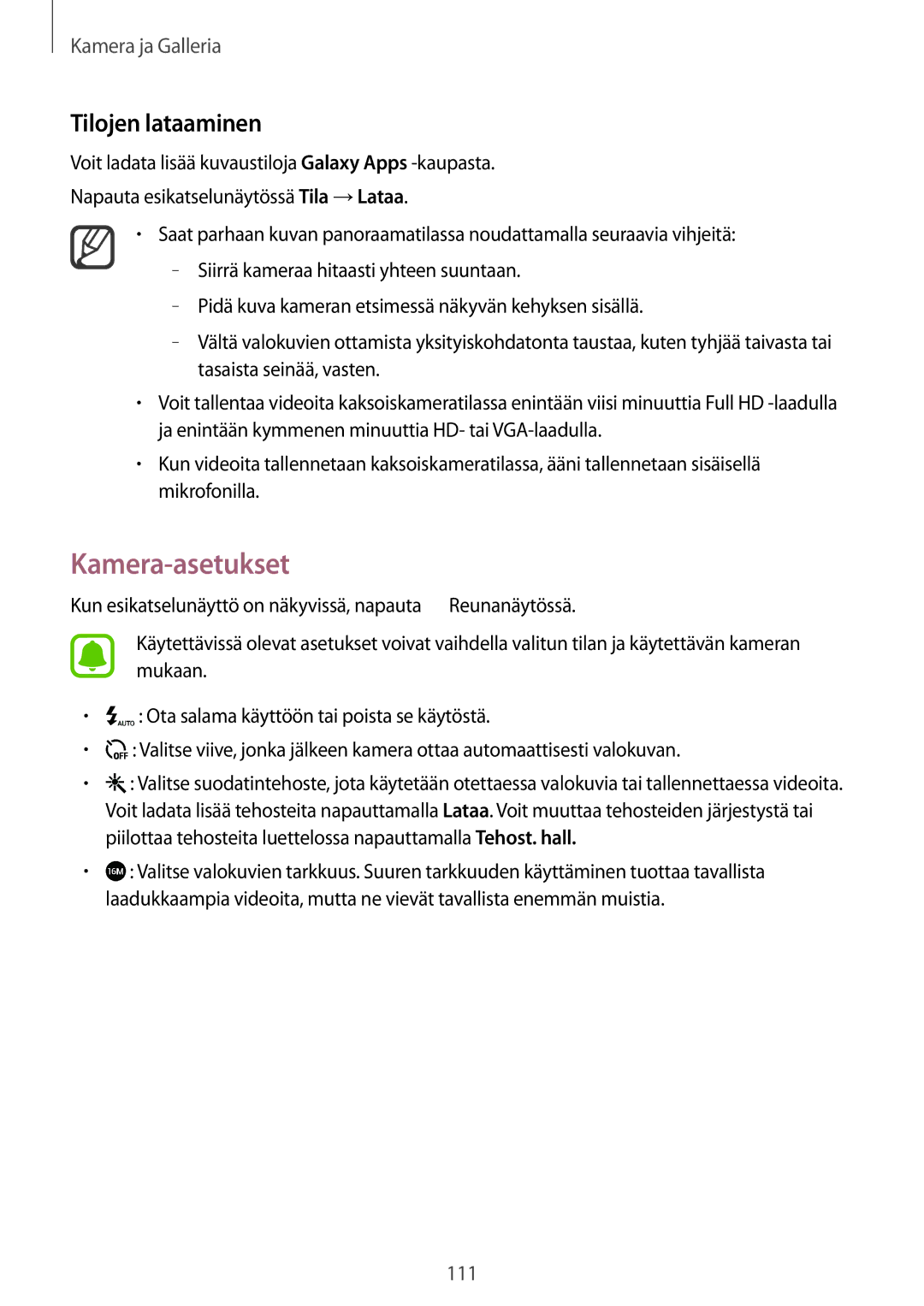 Samsung SM-N915FZKYNEE, SM-N915FZWYNEE manual Kamera-asetukset, Tilojen lataaminen 