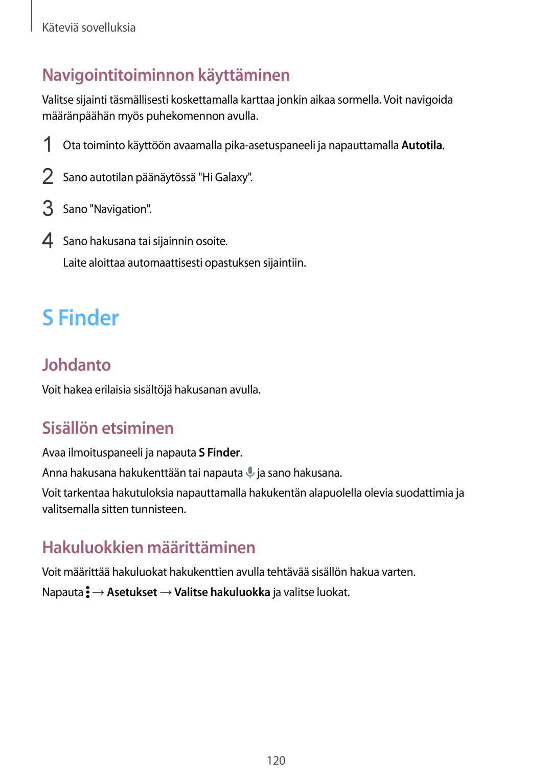 Samsung SM-N915FZWYNEE manual Finder, Navigointitoiminnon käyttäminen, Sisällön etsiminen, Hakuluokkien määrittäminen 