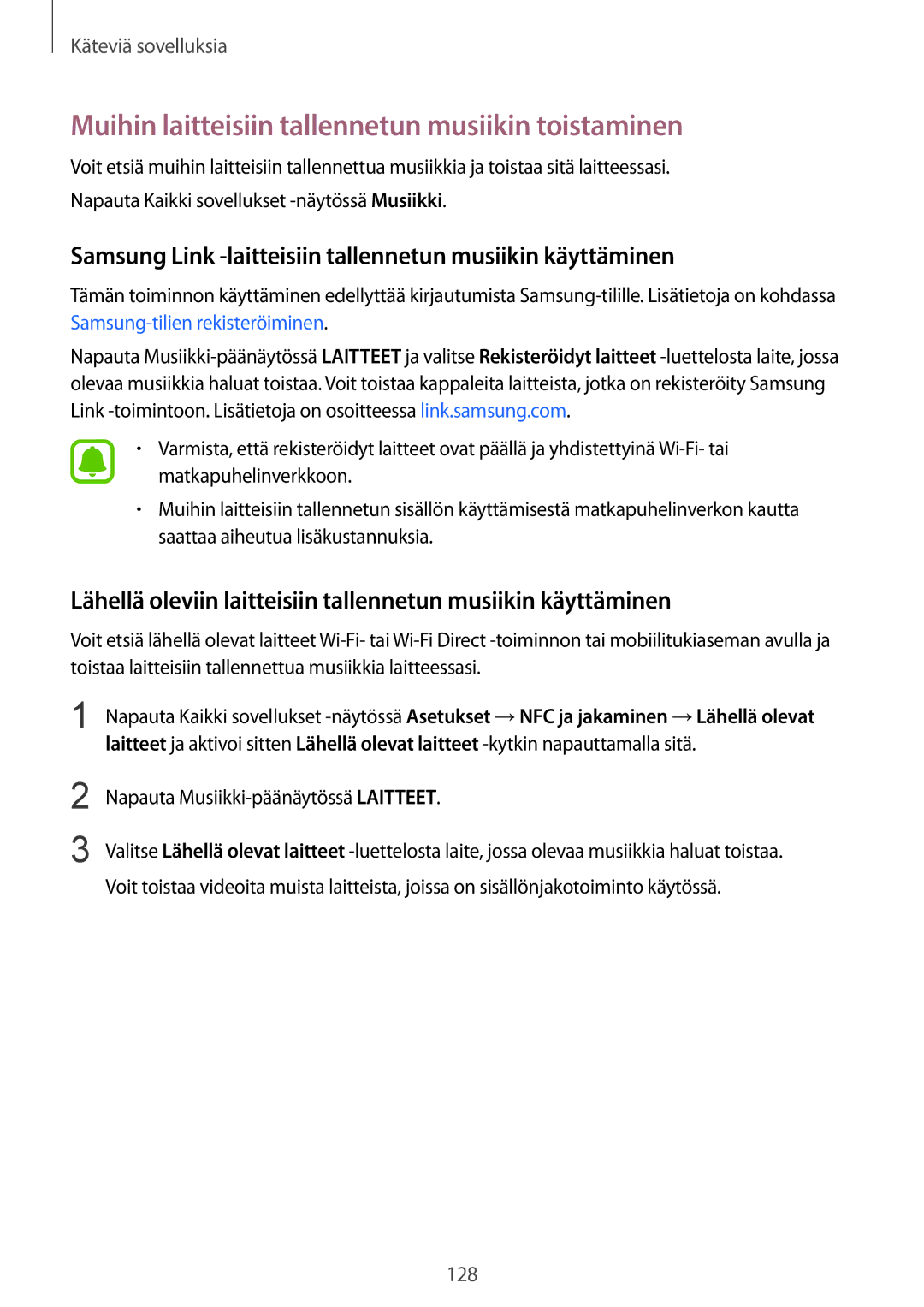 Samsung SM-N915FZWYNEE manual Muihin laitteisiin tallennetun musiikin toistaminen, Napauta Musiikki-päänäytössä Laitteet 