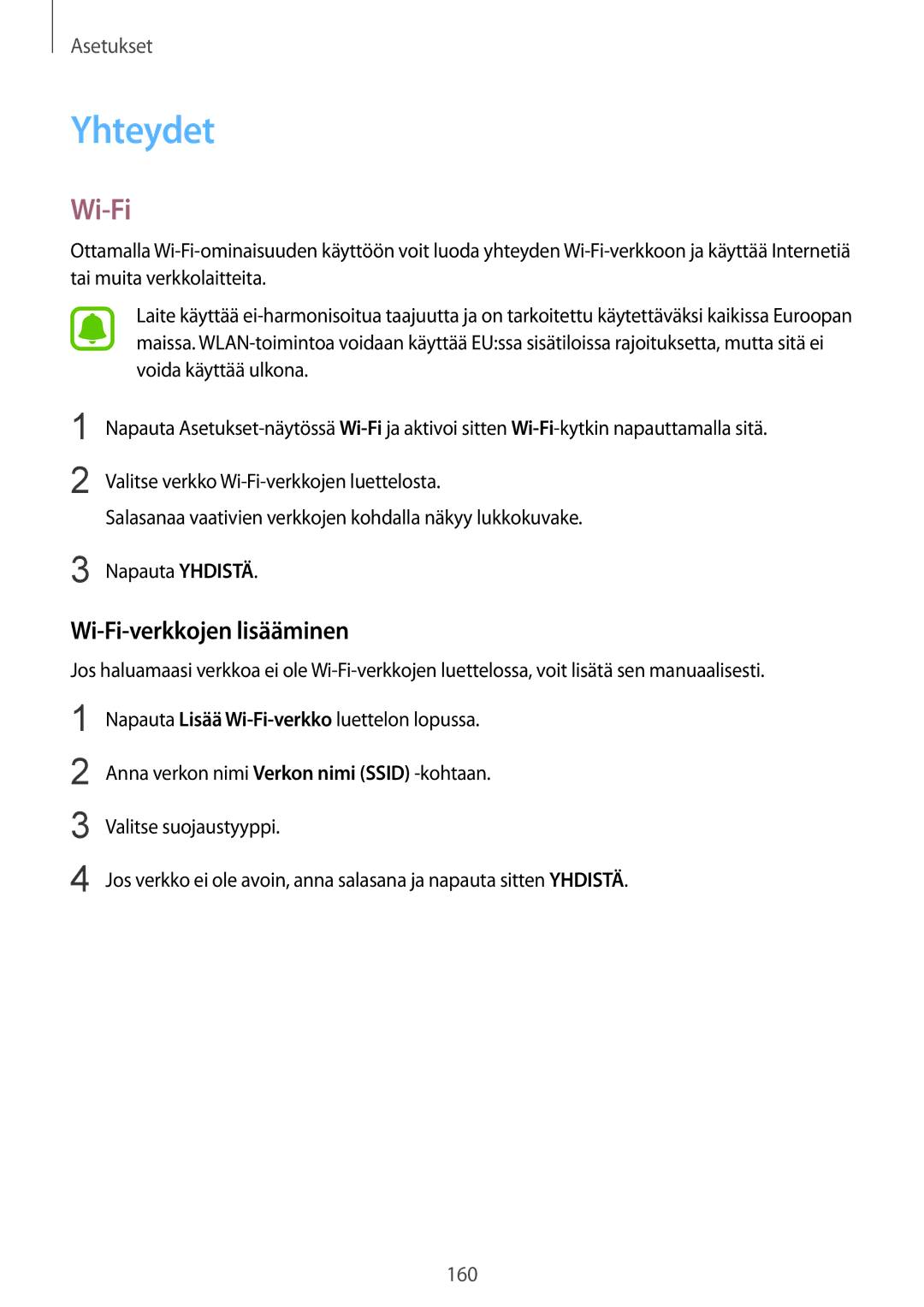 Samsung SM-N915FZWYNEE, SM-N915FZKYNEE manual Yhteydet, Wi-Fi-verkkojen lisääminen 