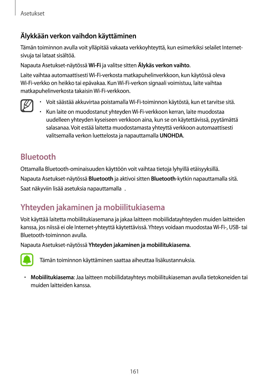 Samsung SM-N915FZKYNEE manual Bluetooth, Yhteyden jakaminen ja mobiilitukiasema, Älykkään verkon vaihdon käyttäminen 