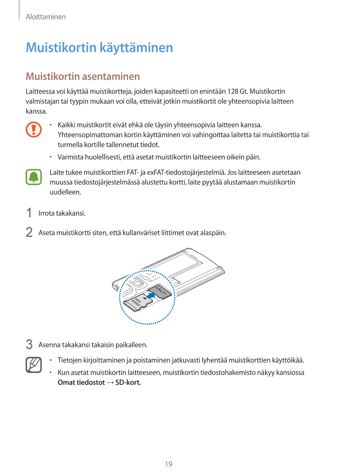 Samsung SM-N915FZKYNEE, SM-N915FZWYNEE manual Muistikortin käyttäminen, Muistikortin asentaminen 