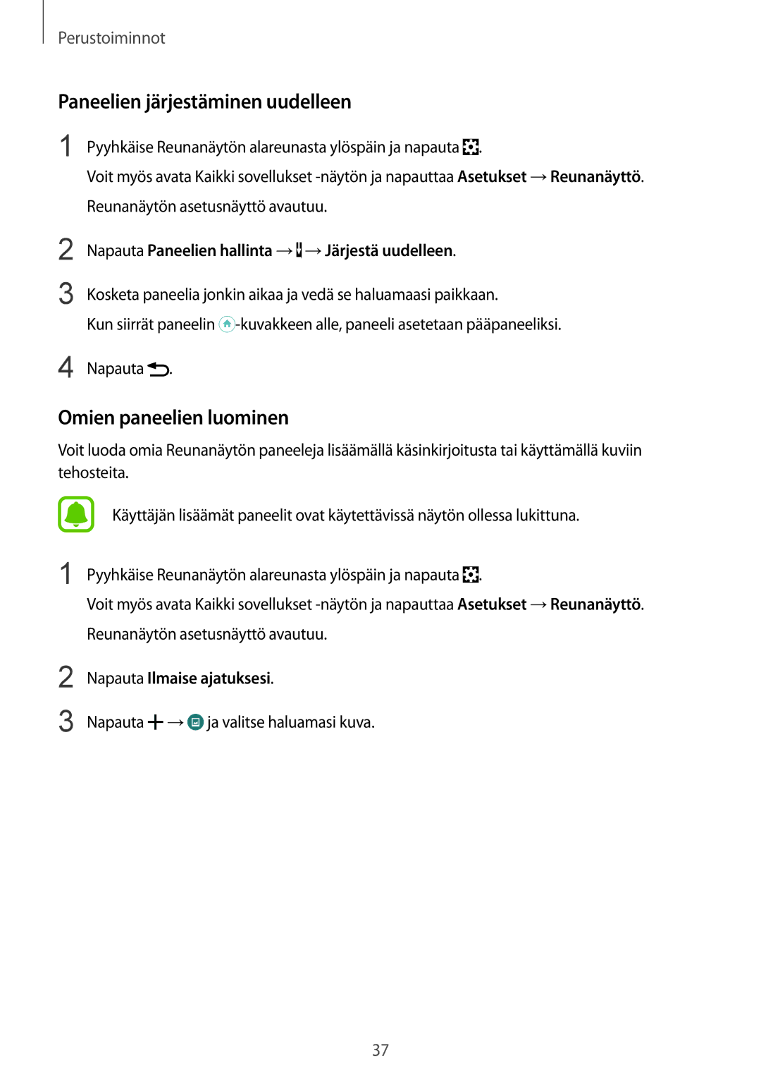 Samsung SM-N915FZKYNEE manual Paneelien järjestäminen uudelleen, Omien paneelien luominen, Napauta Ilmaise ajatuksesi 