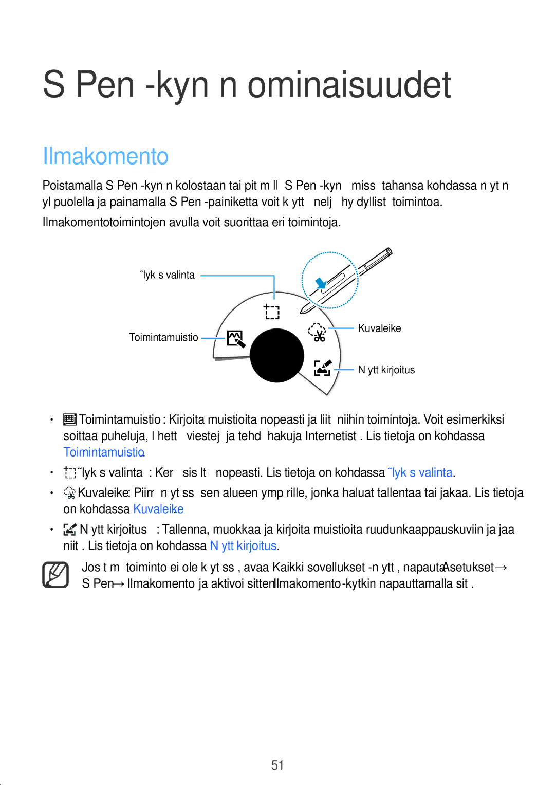 Samsung SM-N915FZKYNEE manual Pen -kynän ominaisuudet, Ilmakomentotoimintojen avulla voit suorittaa eri toimintoja 