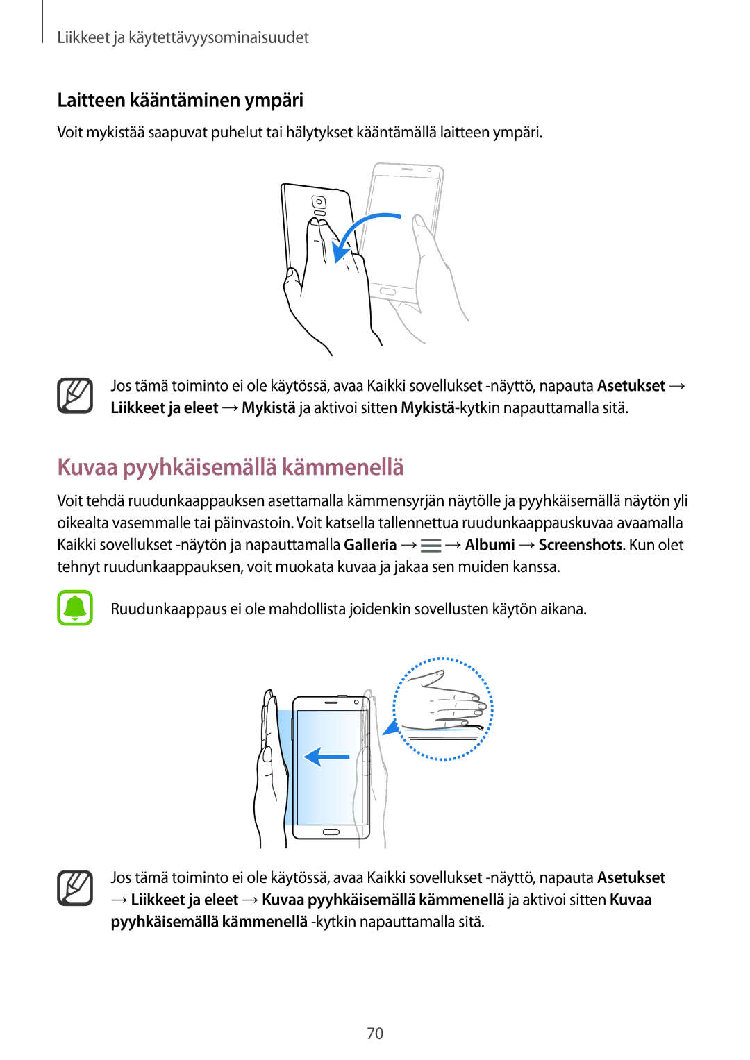 Samsung SM-N915FZWYNEE, SM-N915FZKYNEE manual Kuvaa pyyhkäisemällä kämmenellä, Laitteen kääntäminen ympäri 