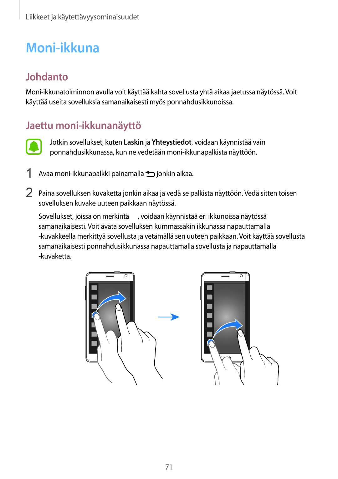 Samsung SM-N915FZKYNEE, SM-N915FZWYNEE manual Moni-ikkuna, Jaettu moni-ikkunanäyttö 