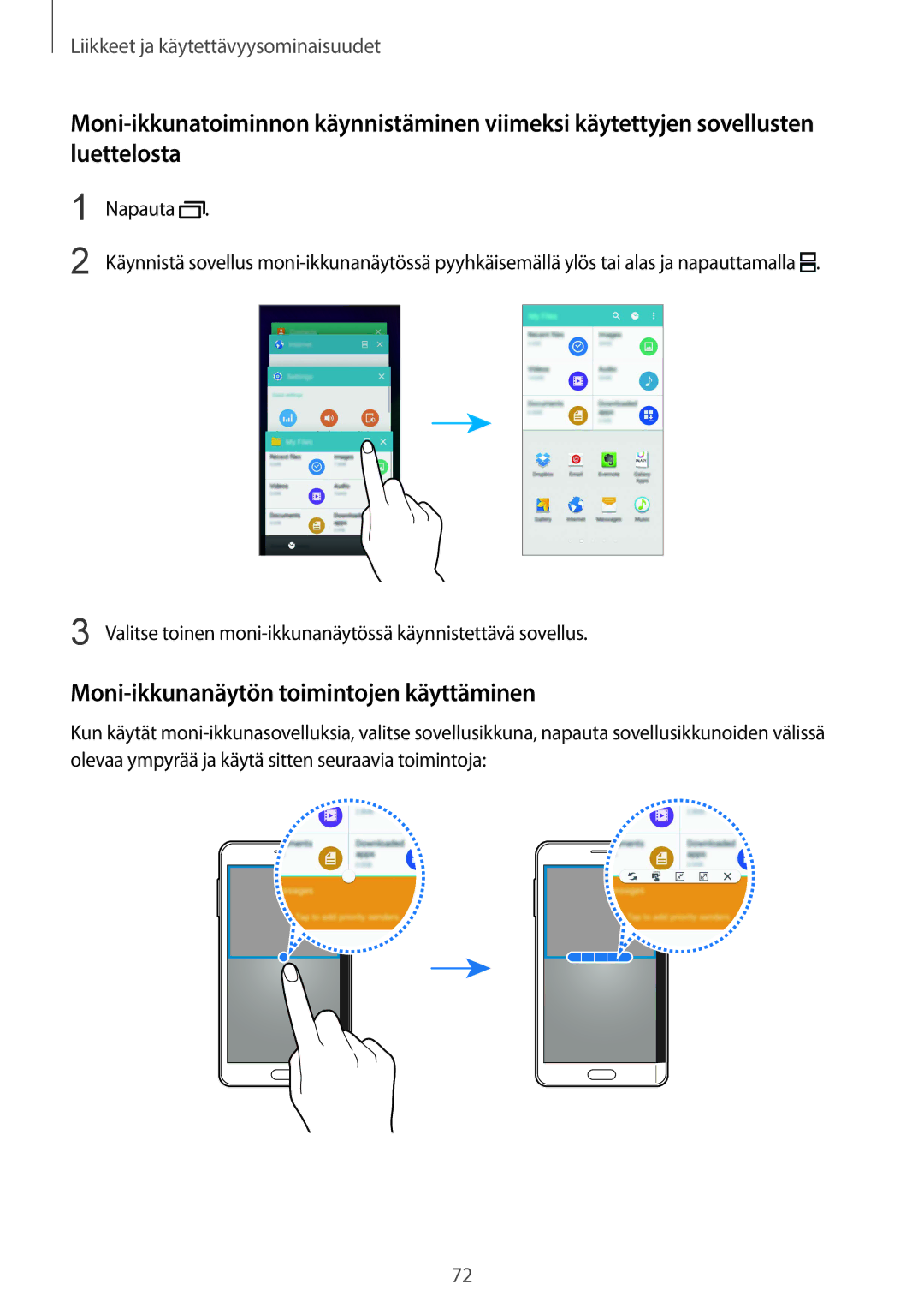 Samsung SM-N915FZWYNEE, SM-N915FZKYNEE manual Moni-ikkunanäytön toimintojen käyttäminen 