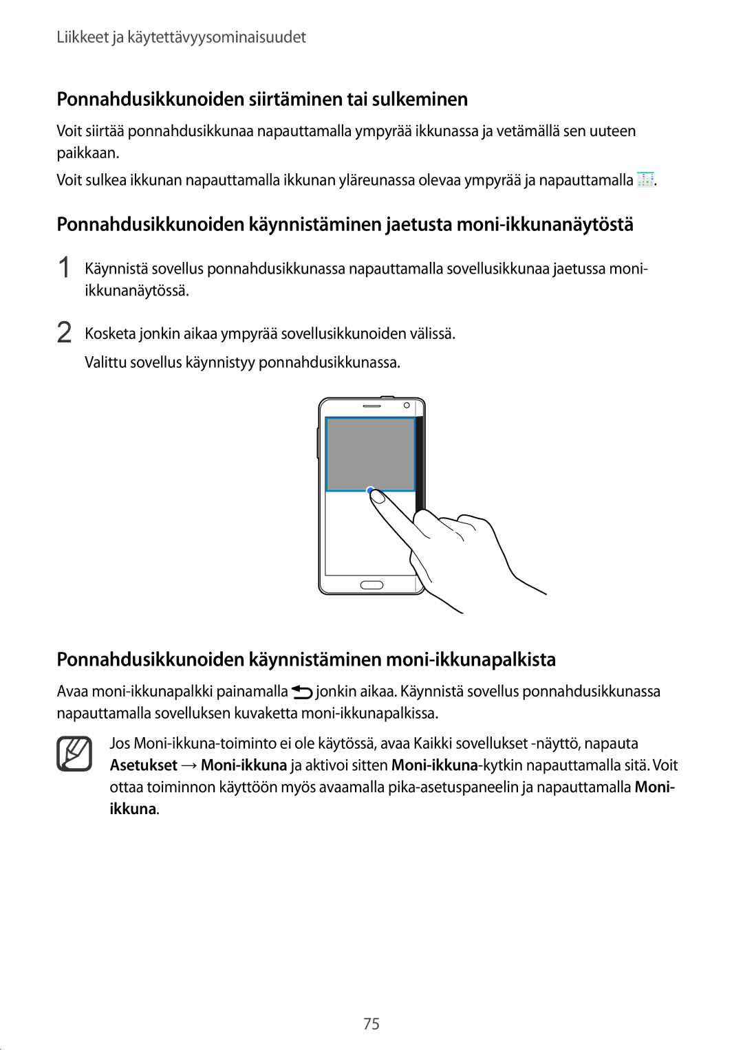 Samsung SM-N915FZKYNEE, SM-N915FZWYNEE manual Ponnahdusikkunoiden siirtäminen tai sulkeminen, Ikkunanäytössä 