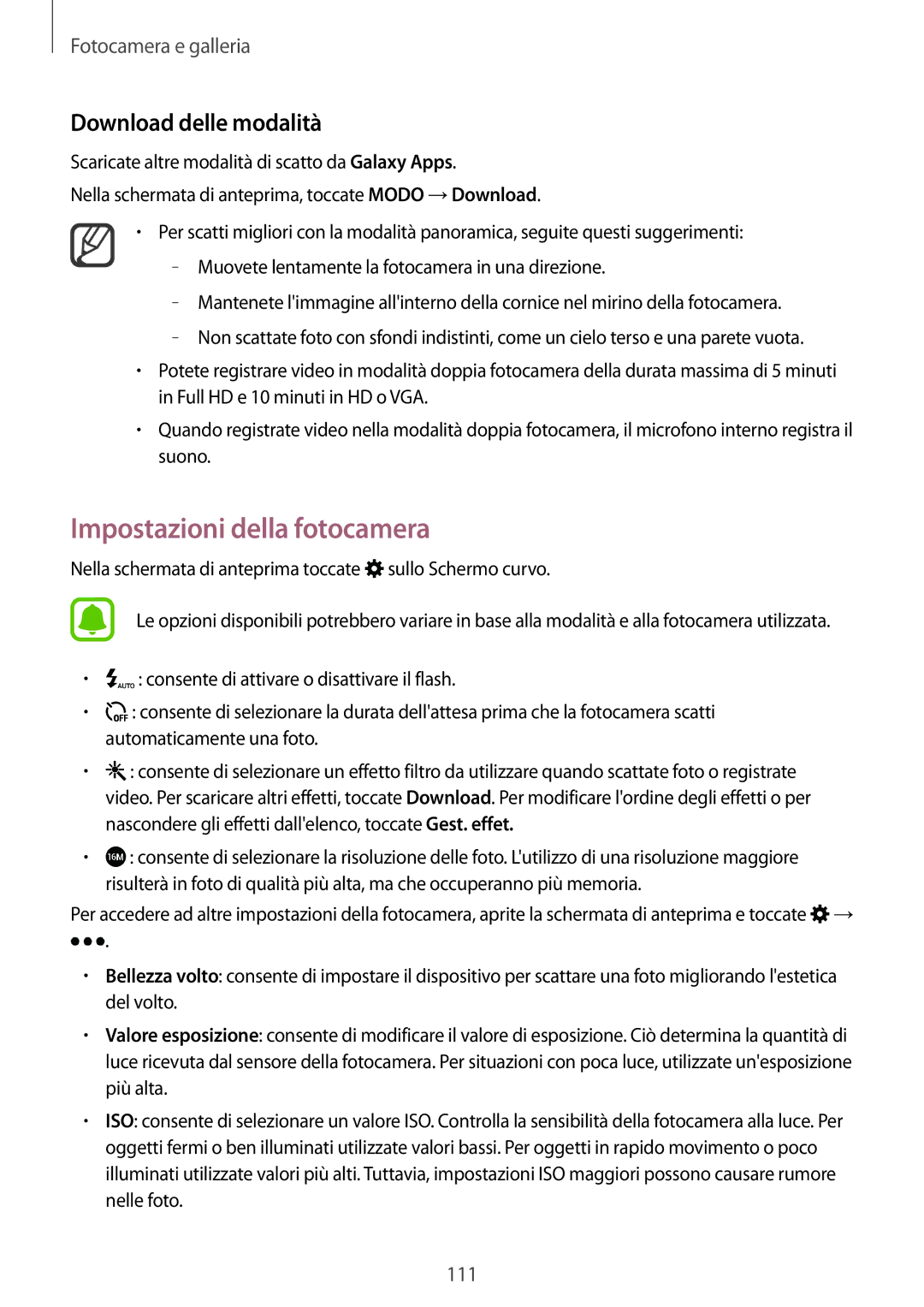 Samsung SM-N915FZKYXEO, SM-N915FZWYXEO, SM-N915FZKYDBT manual Impostazioni della fotocamera, Download delle modalità 