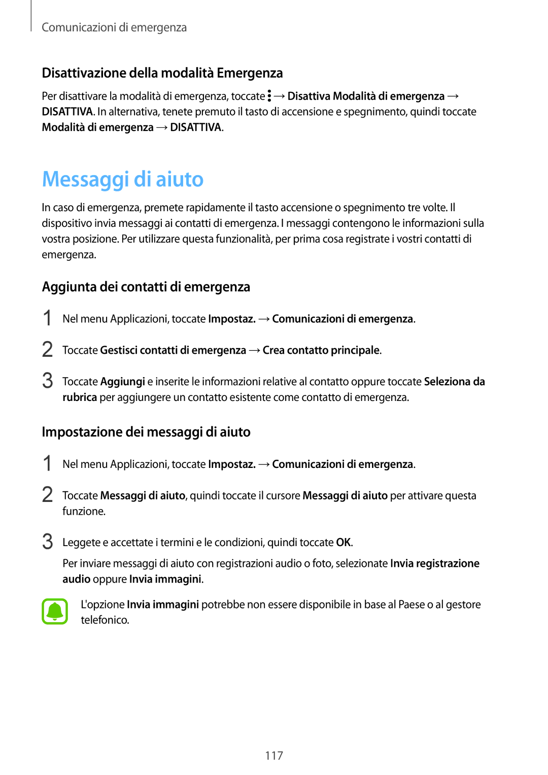 Samsung SM-N915FZKYXEO Messaggi di aiuto, Disattivazione della modalità Emergenza, Aggiunta dei contatti di emergenza 