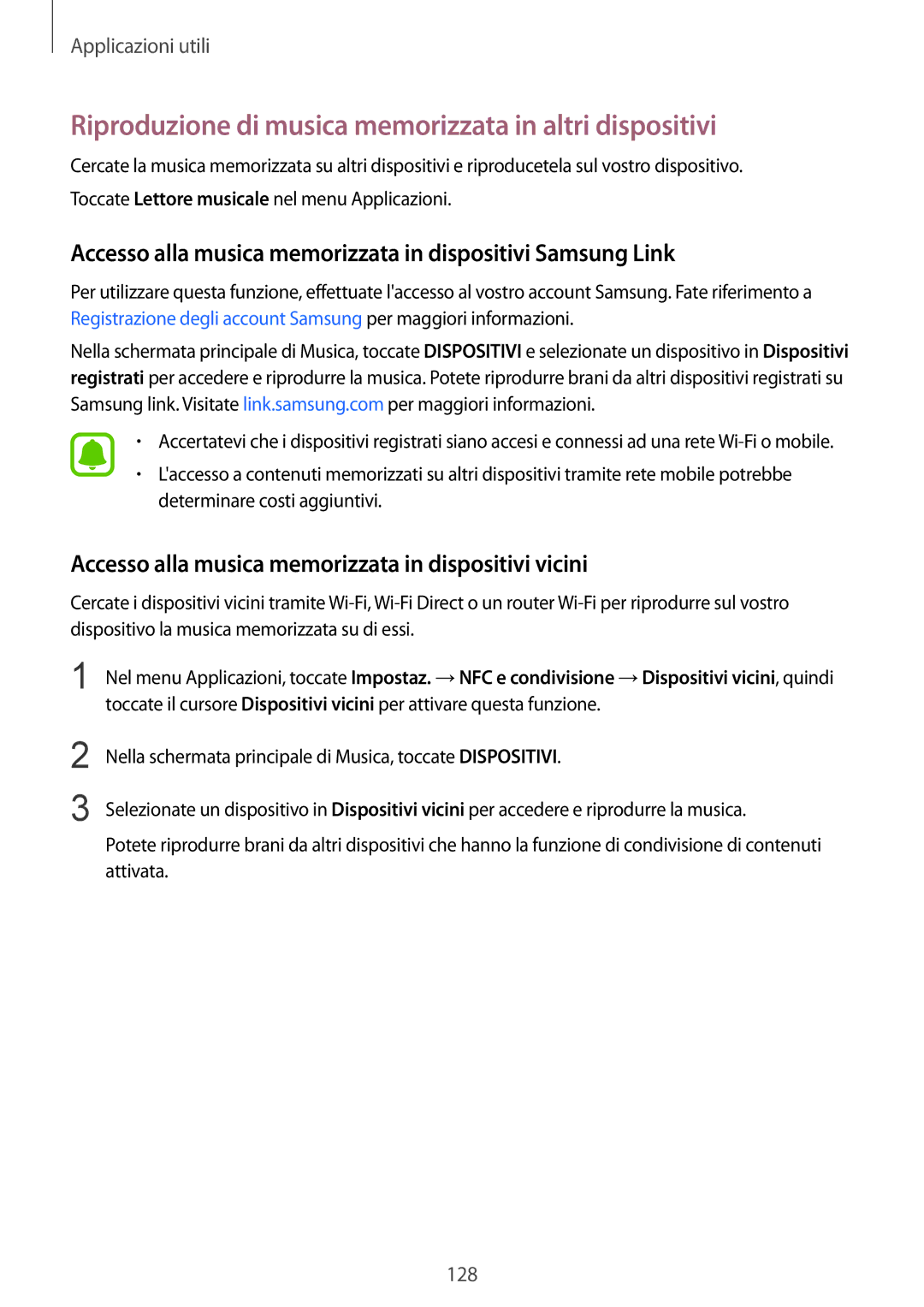 Samsung SM-N915FZWYITV, SM-N915FZWYXEO, SM-N915FZKYDBT manual Riproduzione di musica memorizzata in altri dispositivi 