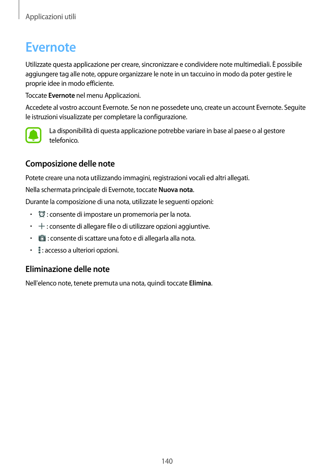 Samsung SM-N915FZWYITV, SM-N915FZWYXEO, SM-N915FZKYDBT manual Evernote, Composizione delle note, Eliminazione delle note 