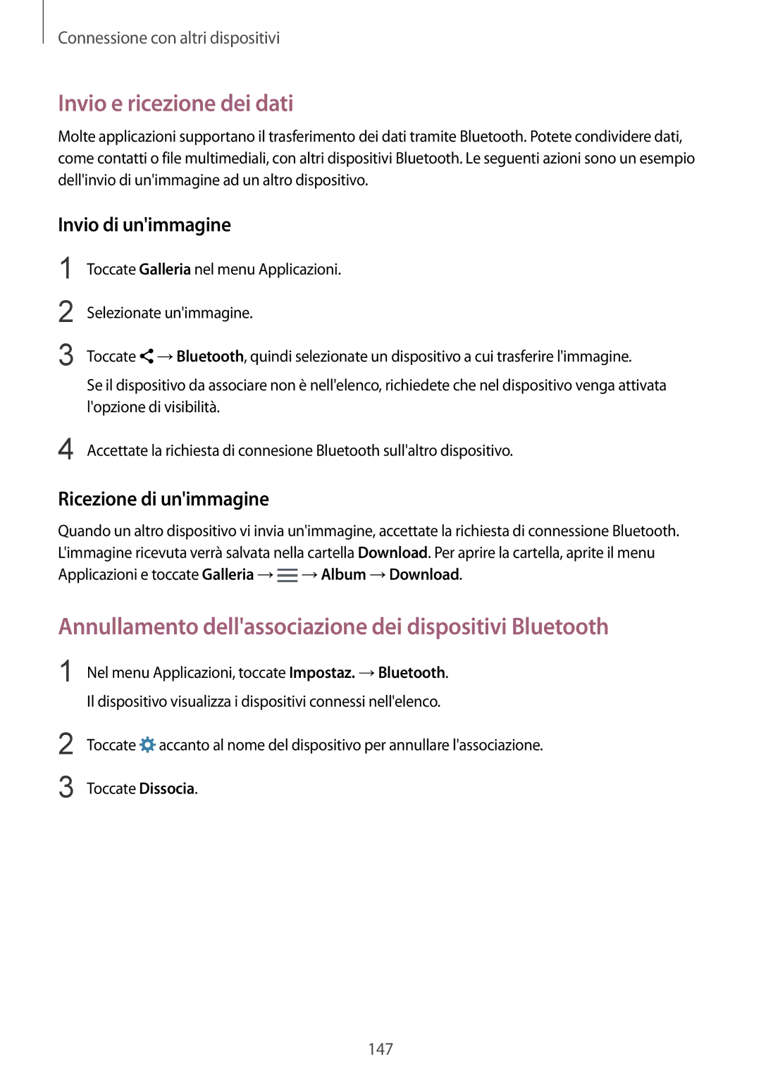 Samsung SM-N915FZKYXEO, SM-N915FZWYXEO Invio e ricezione dei dati, Annullamento dellassociazione dei dispositivi Bluetooth 