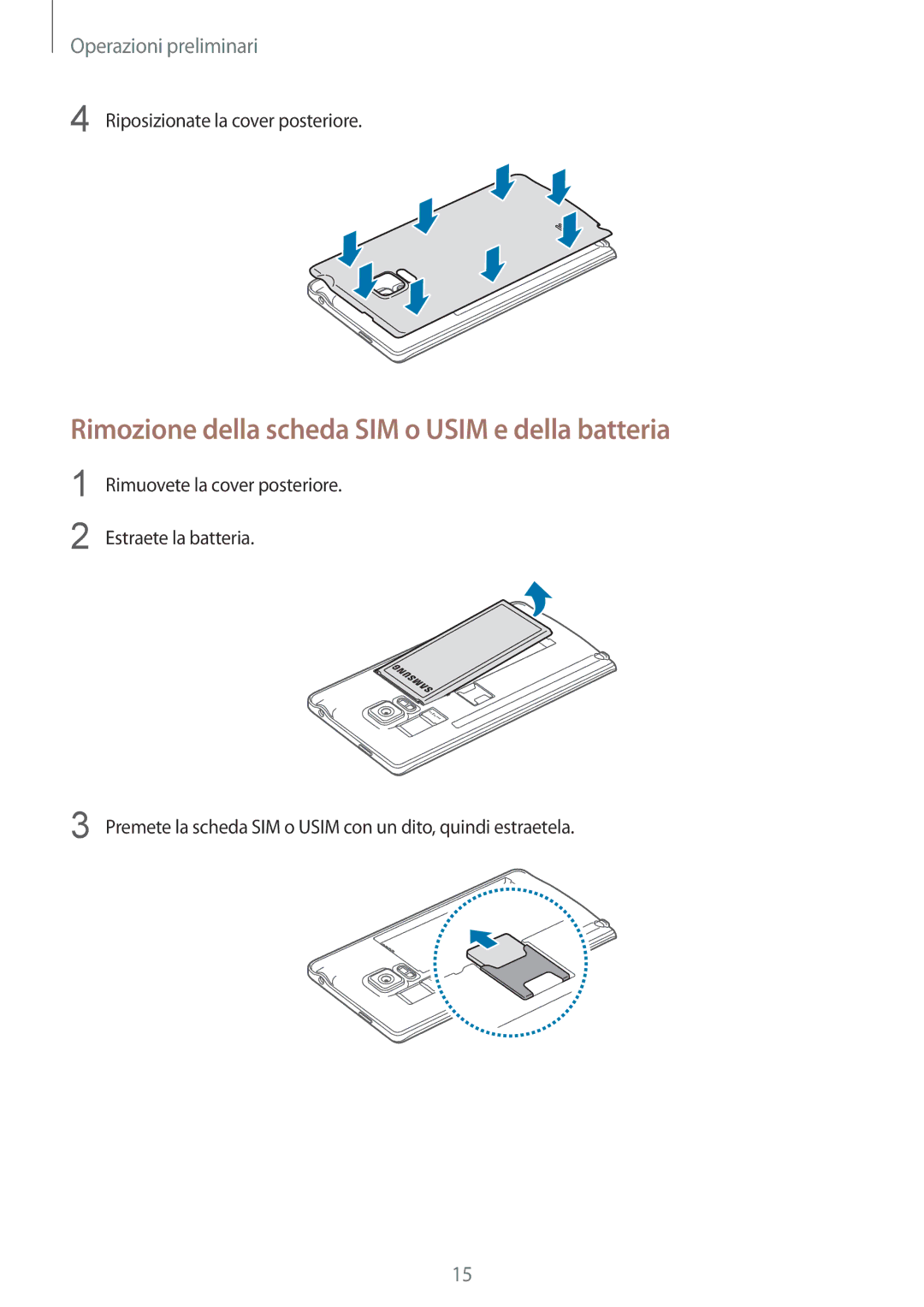 Samsung SM-N915FZKYXEO, SM-N915FZWYXEO, SM-N915FZKYDBT, SM-N915FZWYITV Rimozione della scheda SIM o Usim e della batteria 